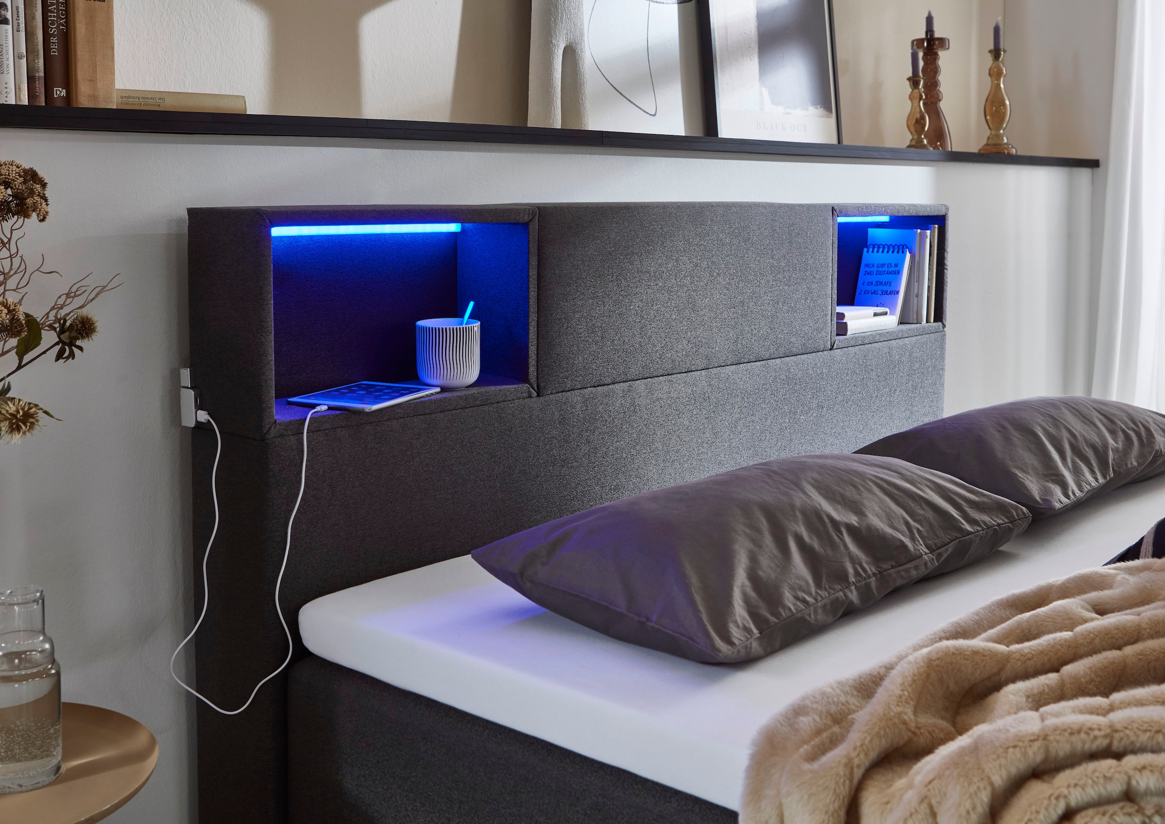 meise.möbel Boxspringbett »Caja mit Bettkasten und Topper«, mit LED ausgestattetes Ablagefach im Kopfteil