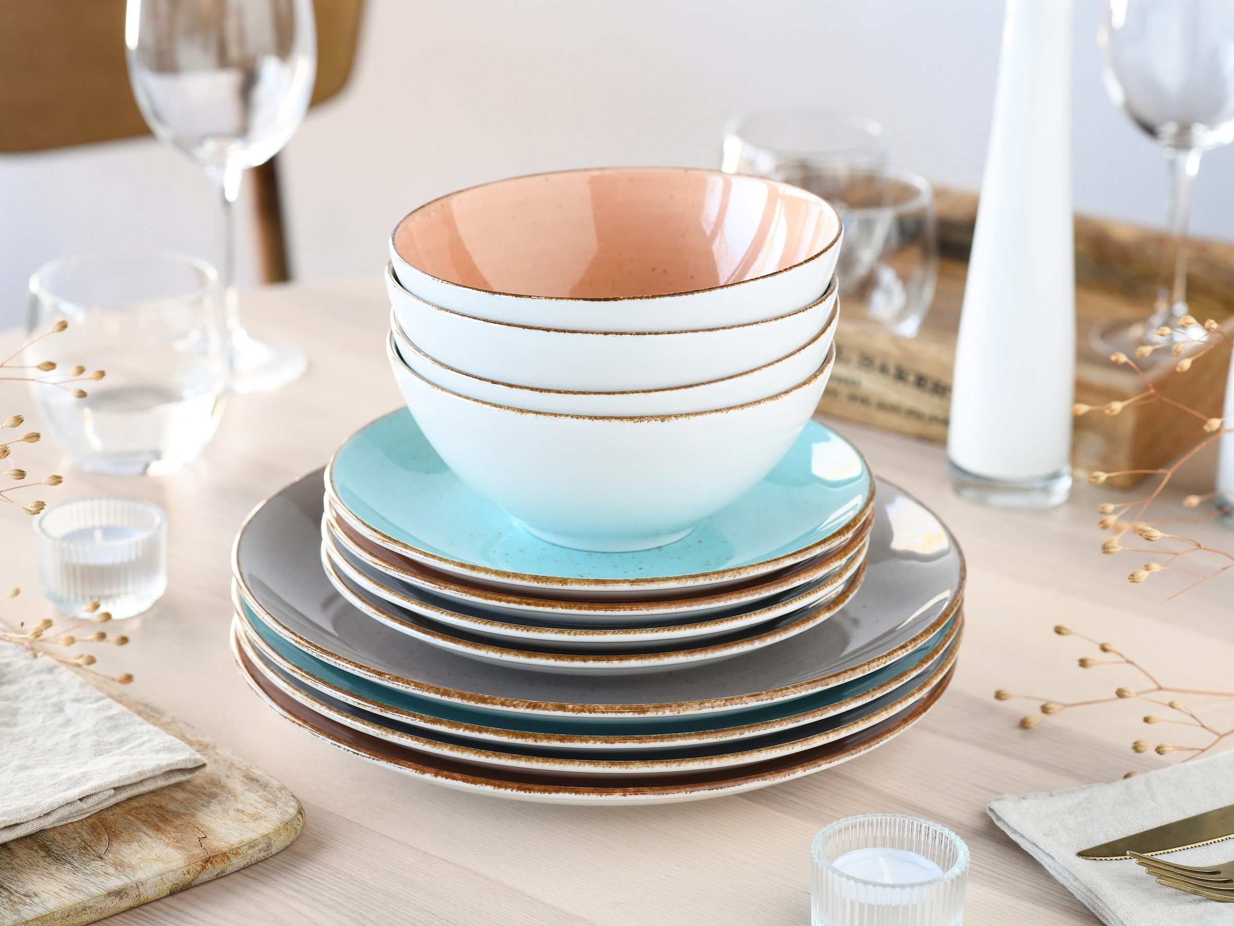 CreaTable Teller-Set »Vintage, Teller Set 12-tlg.« Naturverbundenes Design, Handgemalt