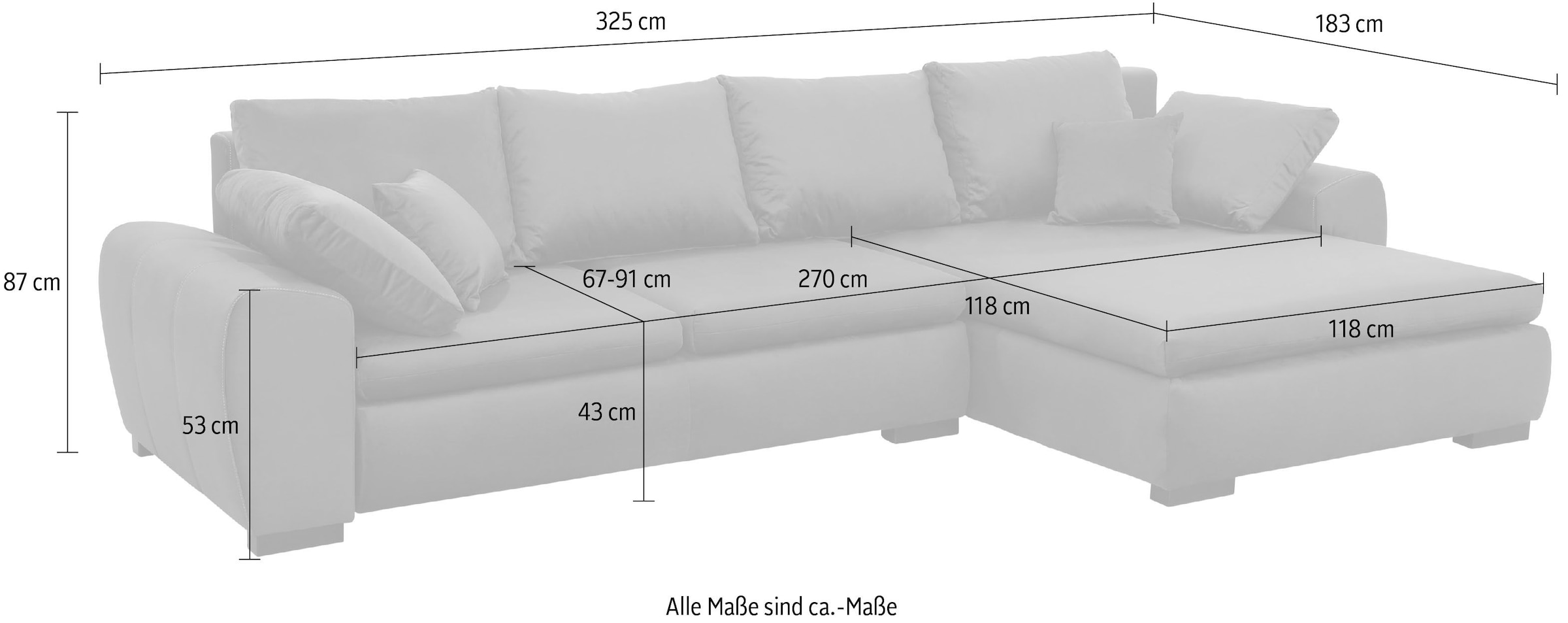 Home affaire Ecksofa »Cara Mia L-Form, B: 325 cm, XXL-Sofa mit 4 Zierkissen« optional Schlaffunktion & Bettkasten, Liegefl. 145x270 cm