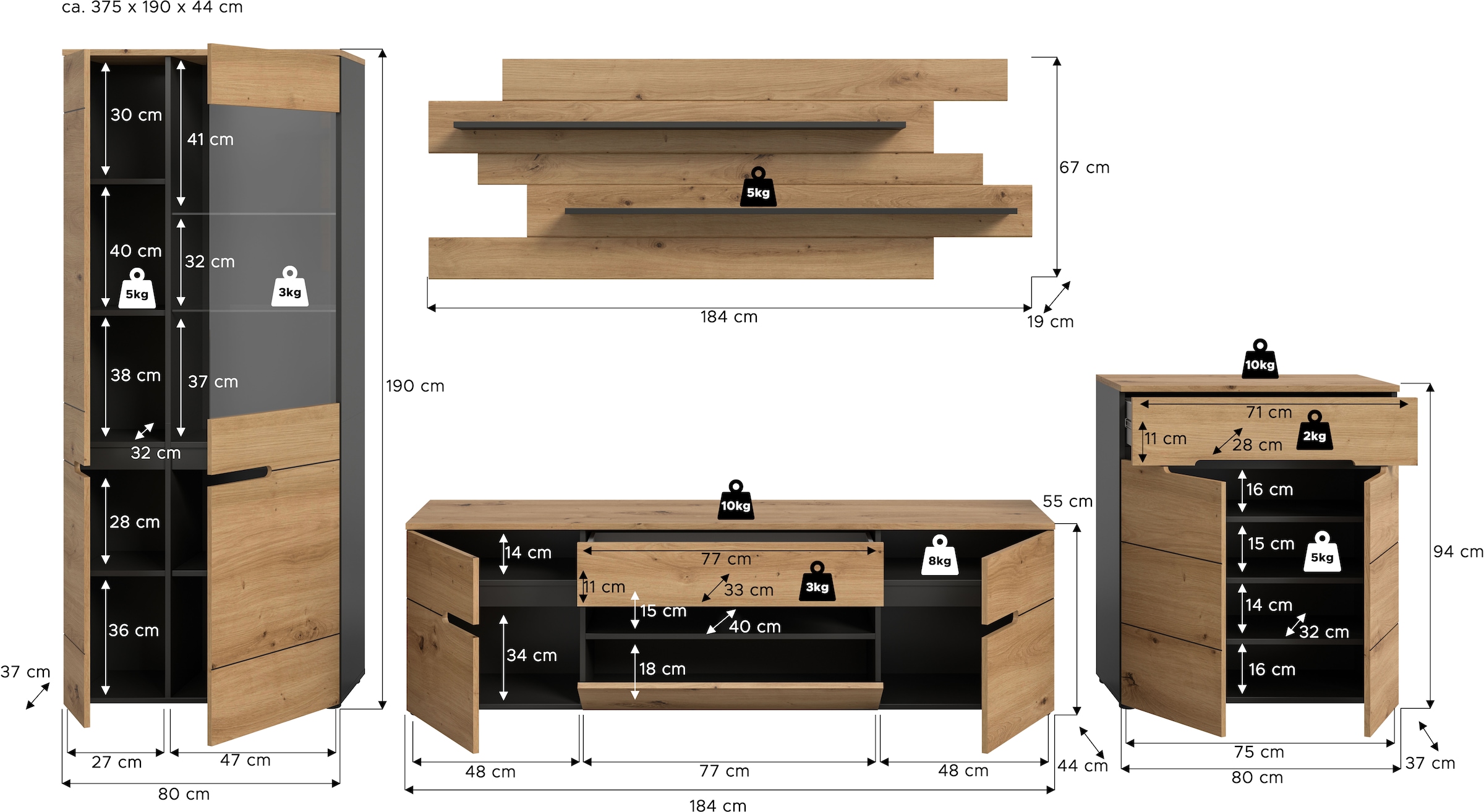 INOSIGN Wohnwand »REHAT, TOPSELLER!, 4-teilig, Breite 375 cm, individuell stellbar« Set bestehend aus: Vitrine, Lowboard, Wandboard und Kommode, 4 Stk. tlg.