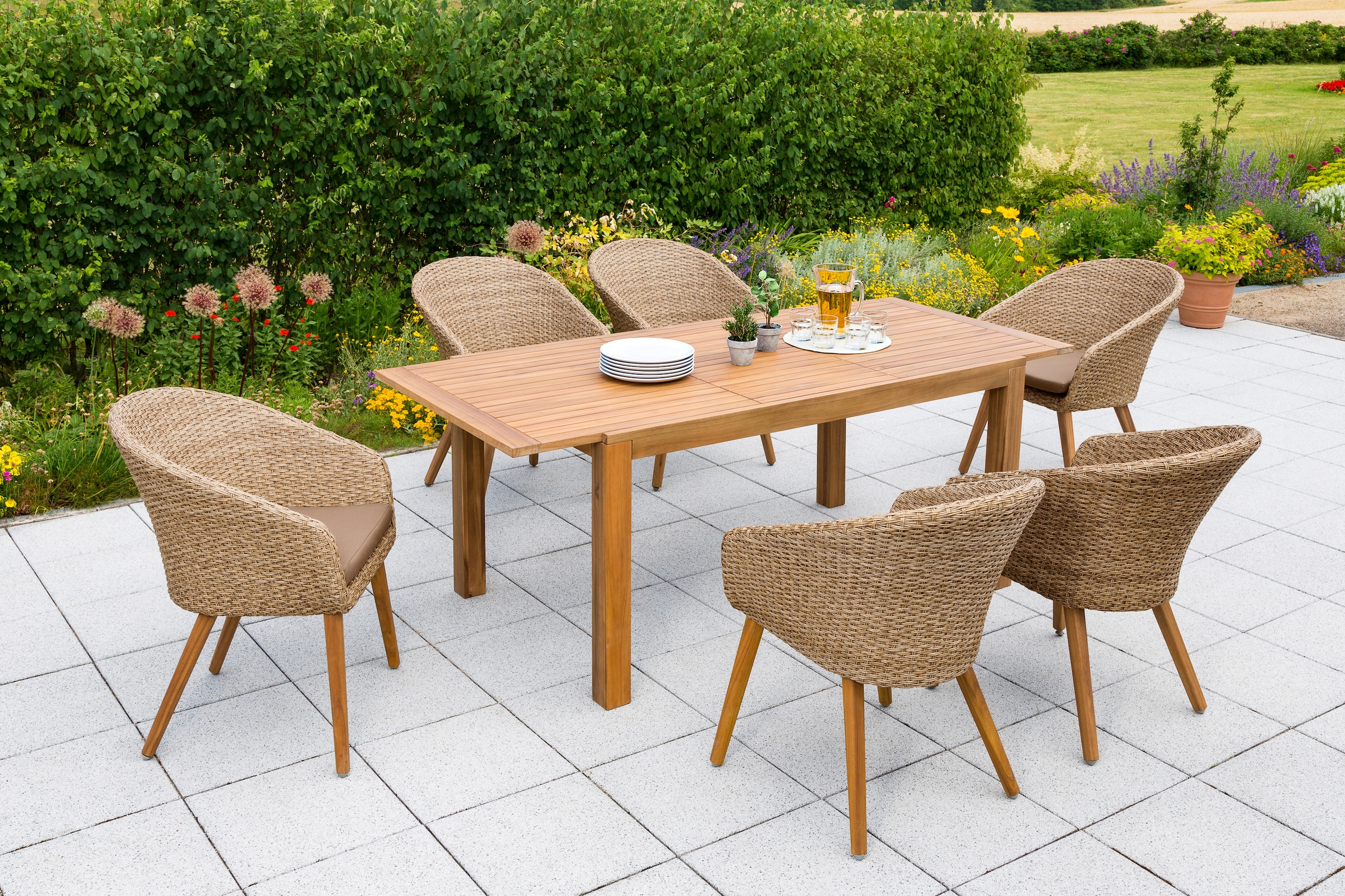 MERXX Garten-Essgruppe »Arrone«, (7 tlg.), | Sitzpolstern mit 3 6 XXL Stühle mit online Garantie Jahren Tisch, und kaufen