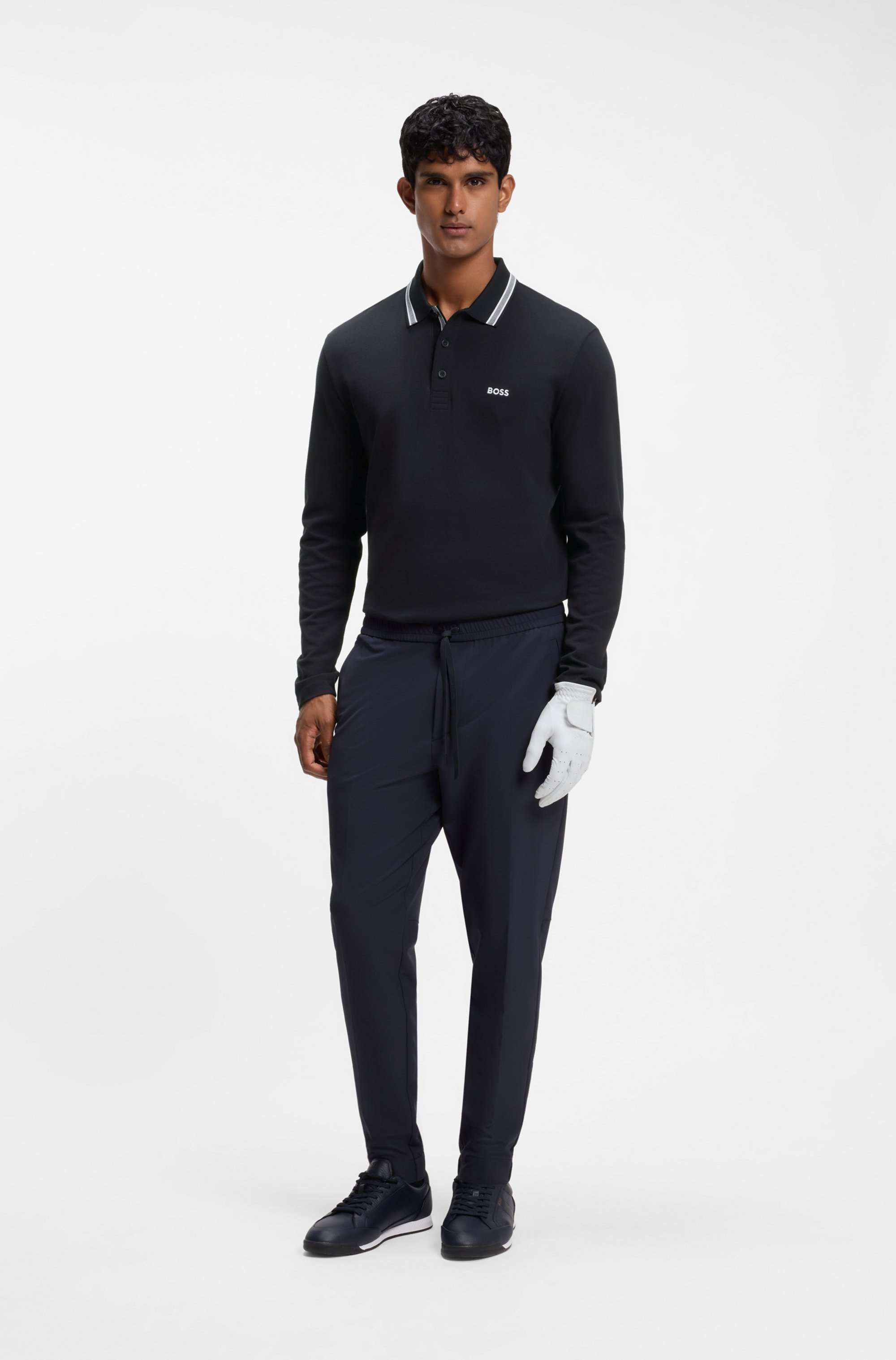BOSS GREEN Langarm-Poloshirt »Plisy« mit Streifen am Kragen