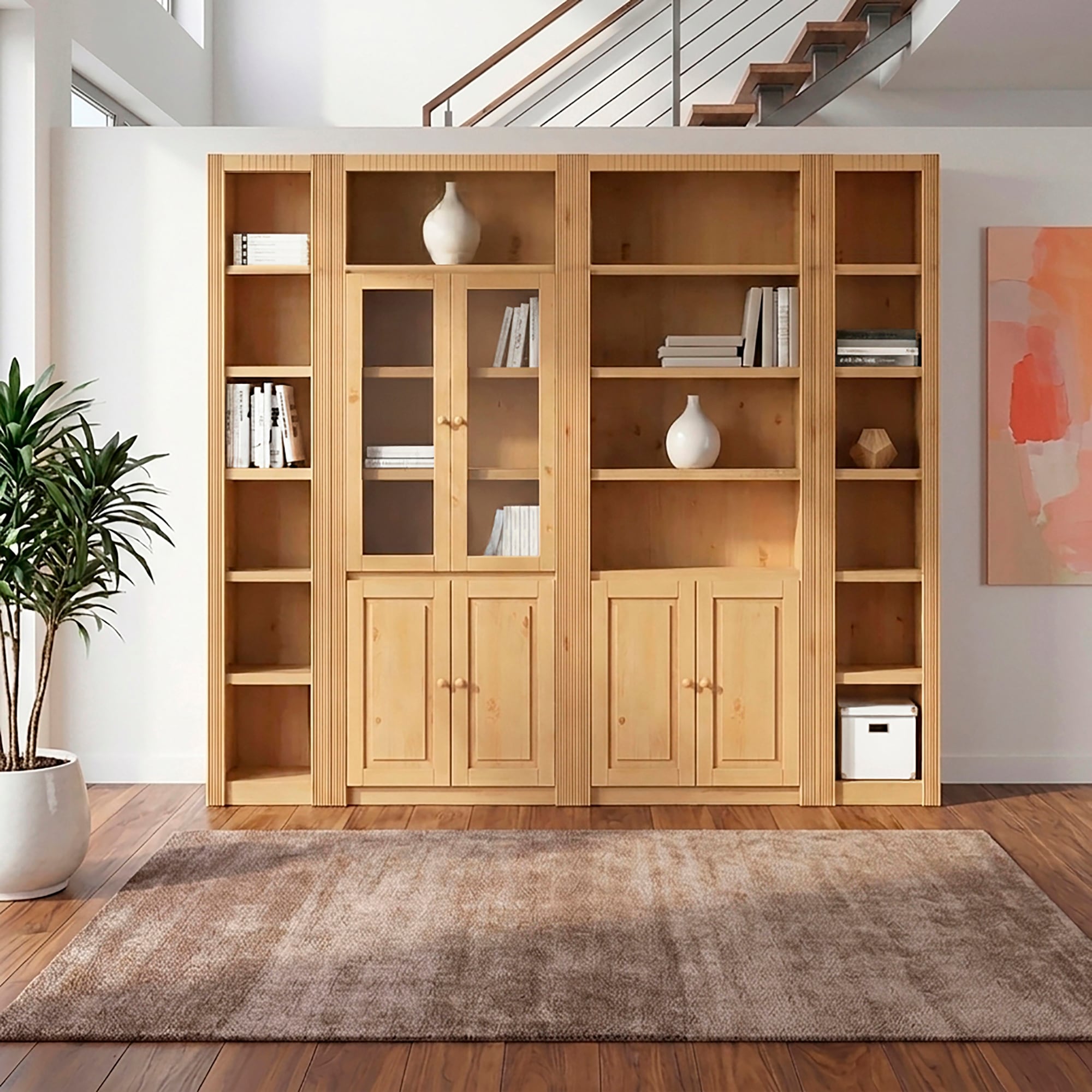 OTTO home Bücherwand »Bergen Bücherregal mit 1 Vitrine, offene und geschlossene Fächer« massives Kiefernholz, natürlichen Maserung, Knopfgriffe, Breite 255 cm