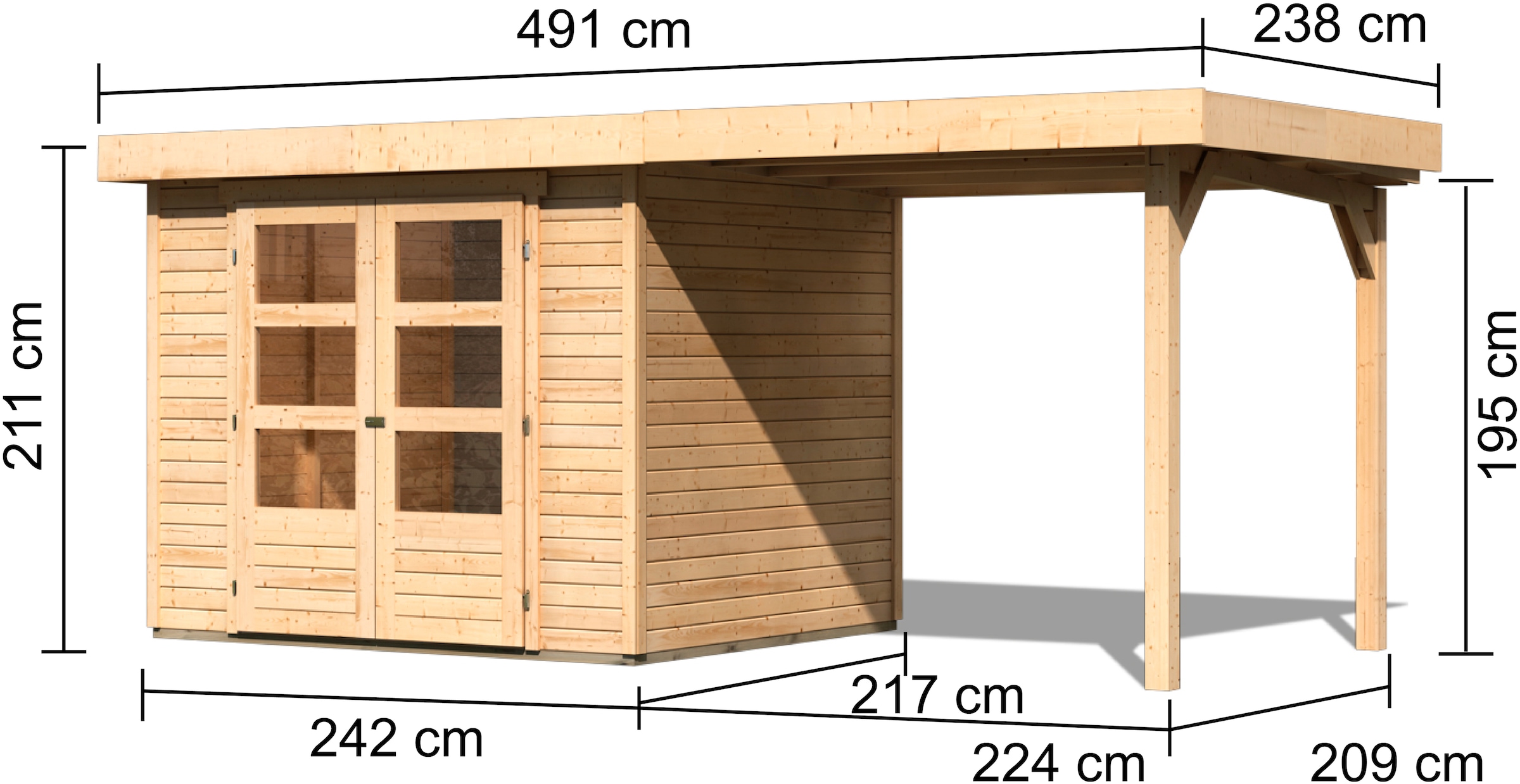 Karibu Gartenhaus »Arnis« mit Anbaudach 2,40 m Breite