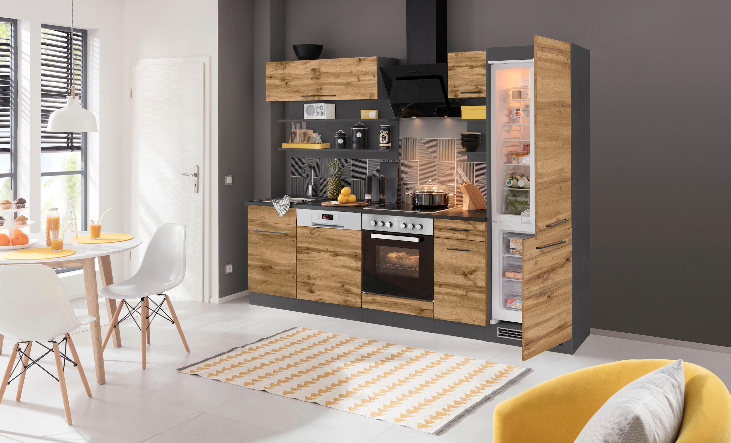 KOCHSTATION Küchenzeile »KS-Tulsa«, ohne E-Geräte, Breite 270 cm, schwarze Metallgriffe, MDF Fronten