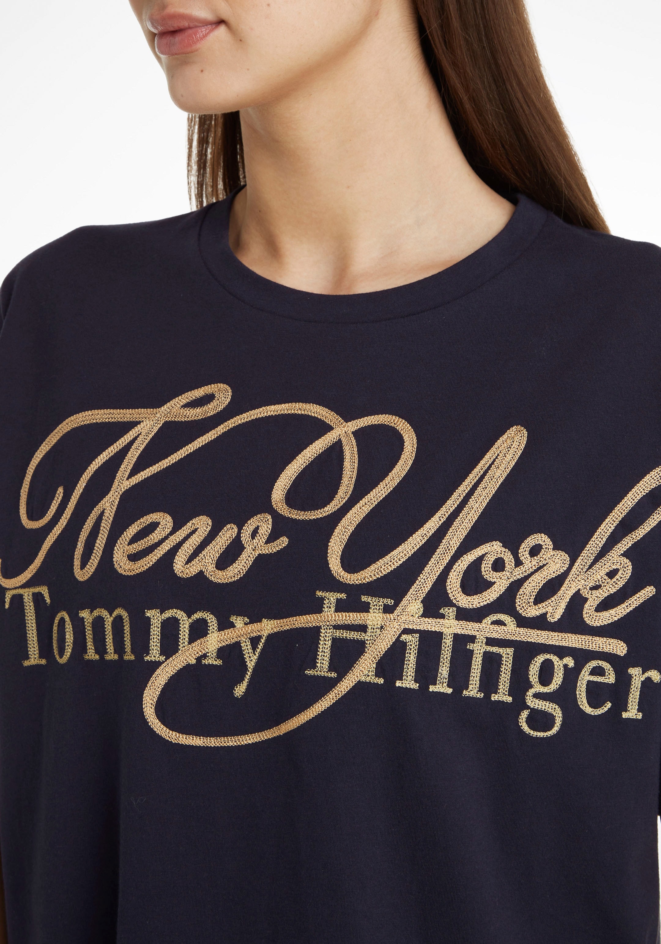 Tommy NY C-NK T-Shirt Hilfiger & ♕ mit bei METALLIC Markenlabel SS«, Hilfiger Print »RLX metalicfarbenen Tommy