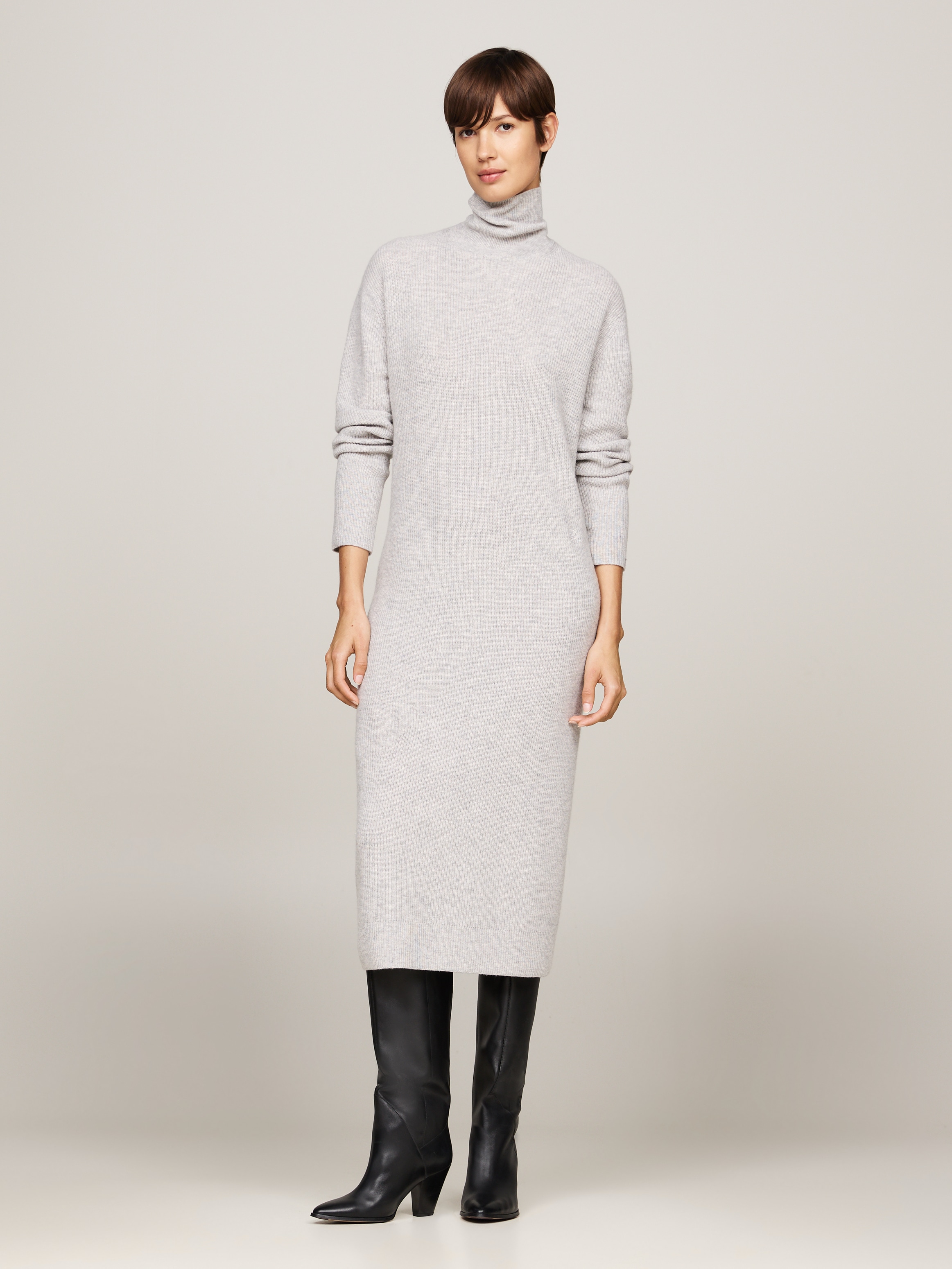 Strickkleid »WOOL CASH ROLL-NK LONG DRESS«, mit Logostickerei, in Rippoptik