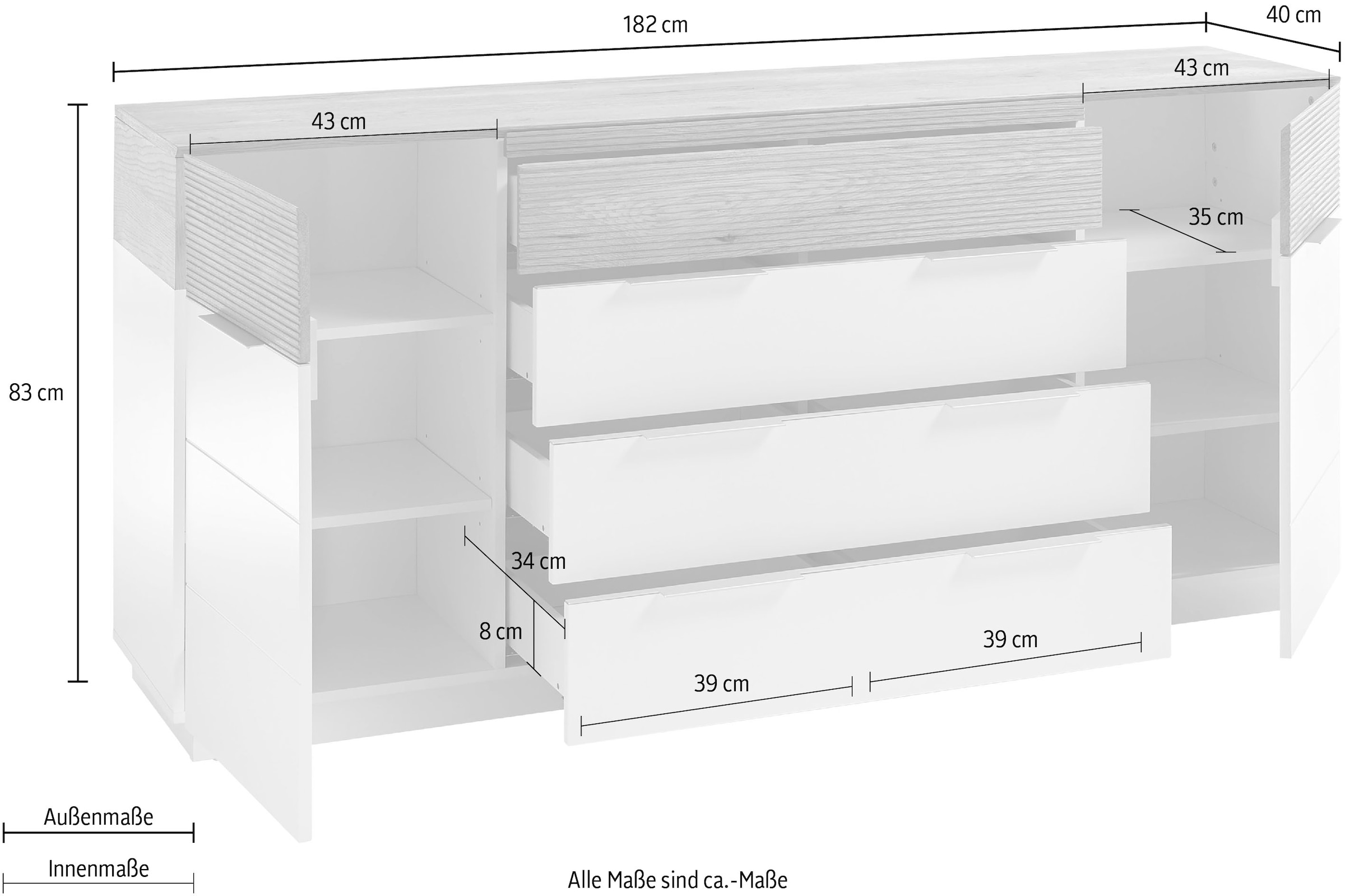 MCA furniture Sideboard »Dubai«, weiß Matt mit Absetzungen in Eiche
