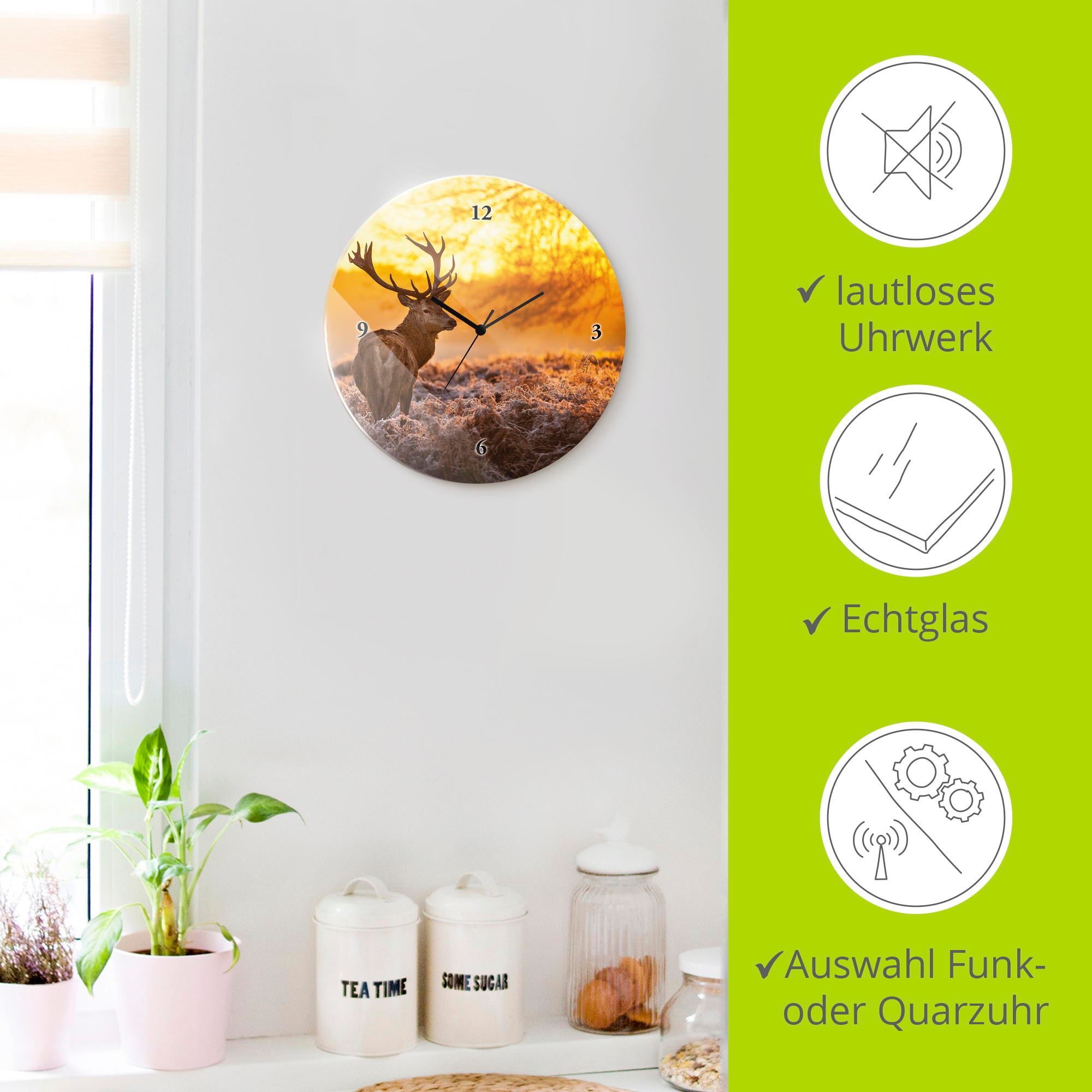 Artland Wanduhr »Glasuhr rund Rotwild« wahlweise mit  Quarz- oder Funkuhrwerk, lautlos ohne Tickgeräusche