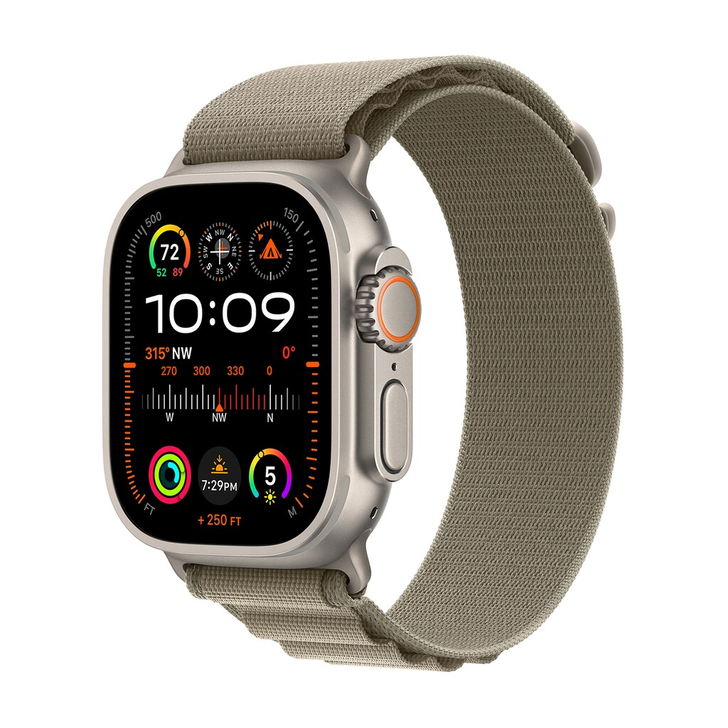 Apple Watch Ultra 2 GPS + Cellular, 49 mm Titan­gehäuse, Alpine Loop Oliv – Large