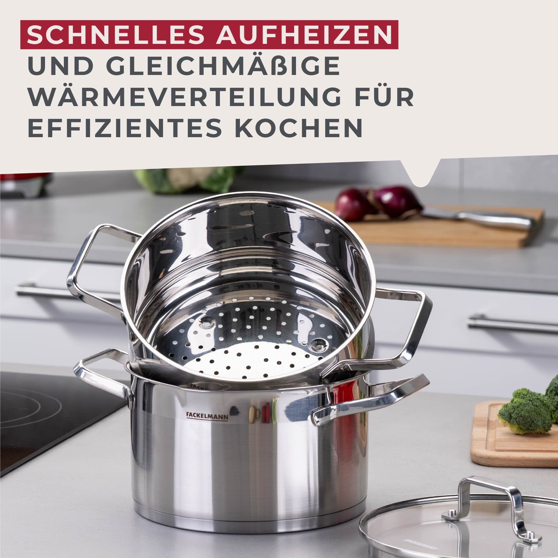 FACKELMANN Topf-Set »Bamberg, mit Dämpfeinsatz«, Edelstahl, (Set, 10 tlg.), Deckel mit Abgießfunktion