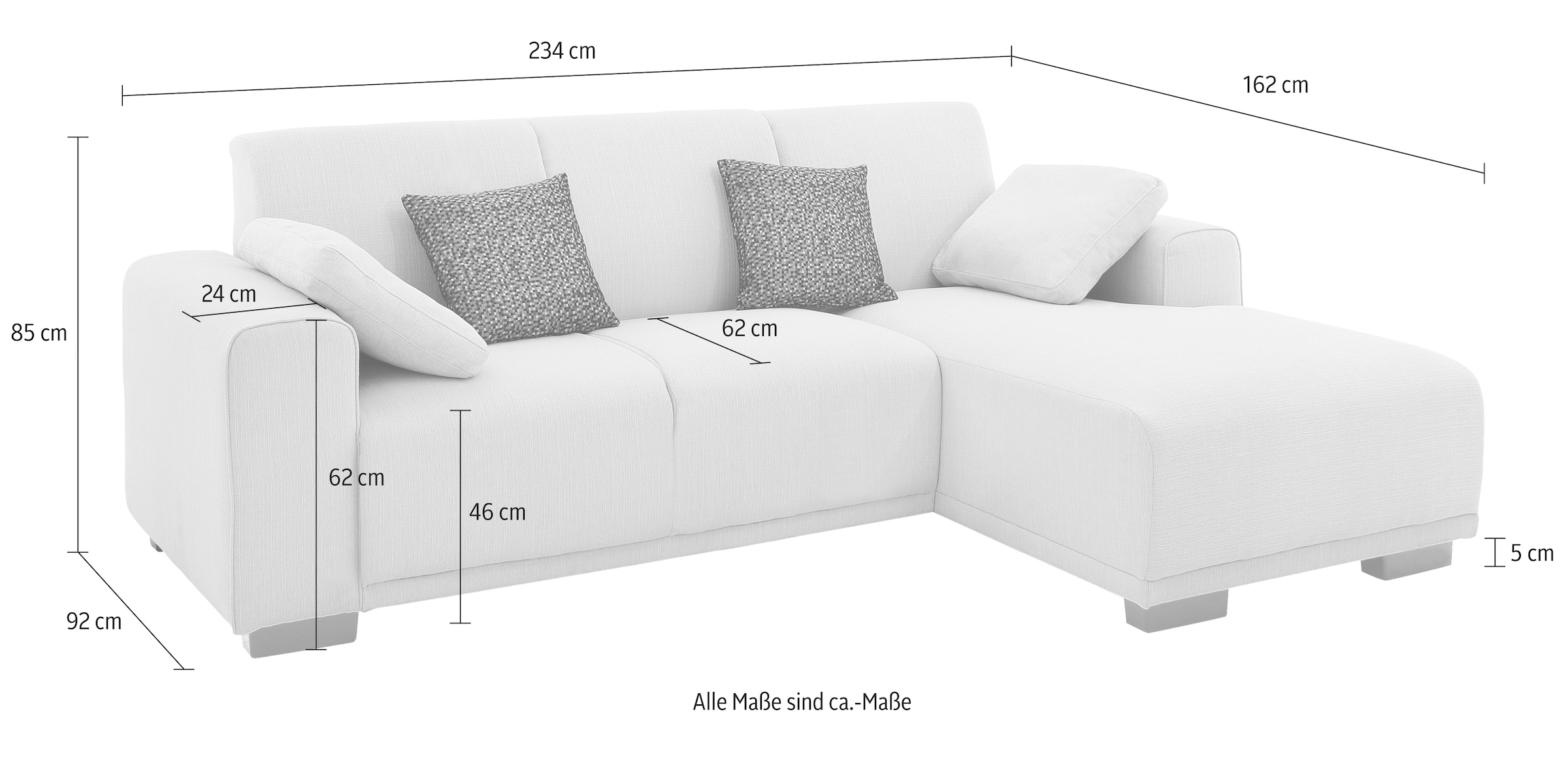 Home affaire Ecksofa »BORNHOLM L-Form mit Recamiere, Maße B/T/H: 234/162/85 cm«, Recamiere links oder rechts bestellbar, Wellenfederung, inkl. 2 Kissen