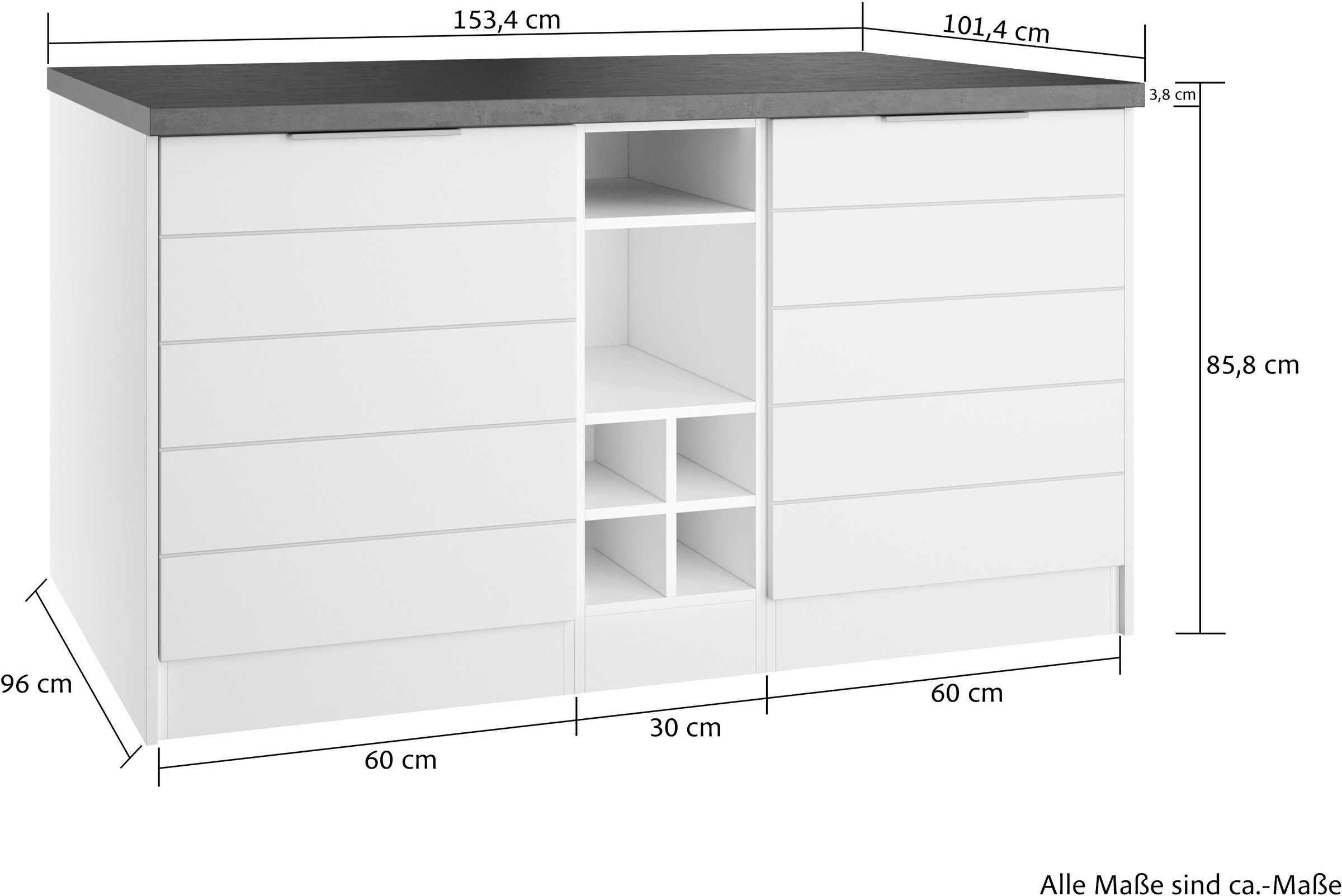 KOCHSTATION Kücheninsel »KS-Luhe, Breite 153 cm, mit Flaschenregal«, MDF-Fronten, Arbeitsplatte 38mm stark