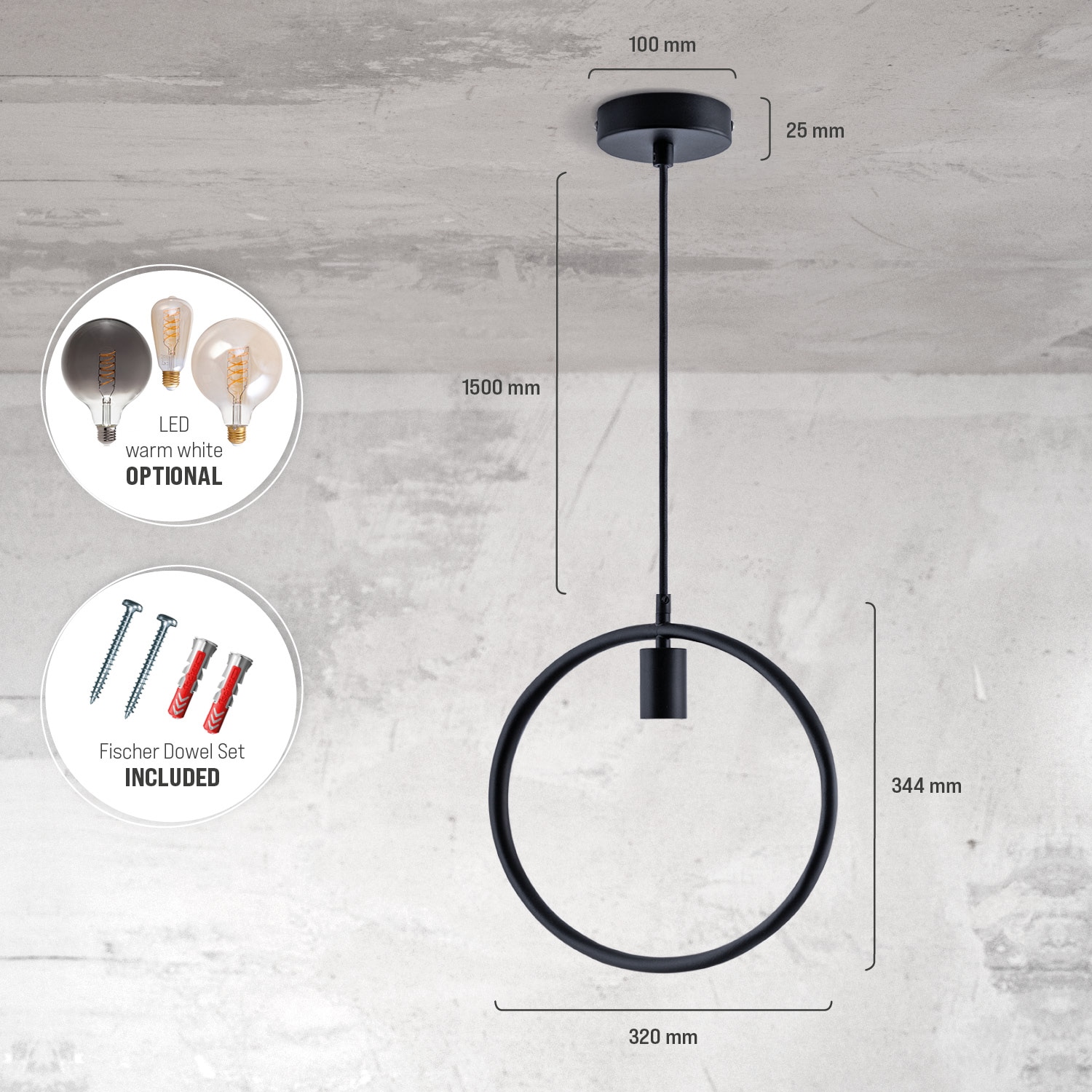 Paco Home Pendelleuchte »JACOB« E27 Hängelampe Esszimmer Rund Ring 1,5m Textilkabel Kürzbar E27