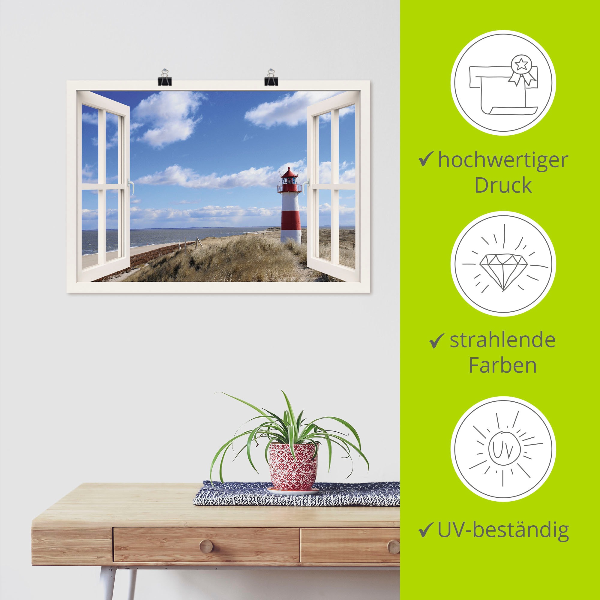 Artland Wandbild »Fensterblick - Leuchtturm Sylt« Fensterblick 1 Stk. tlg. als Leinwandbild, Poster in verschied. Größen