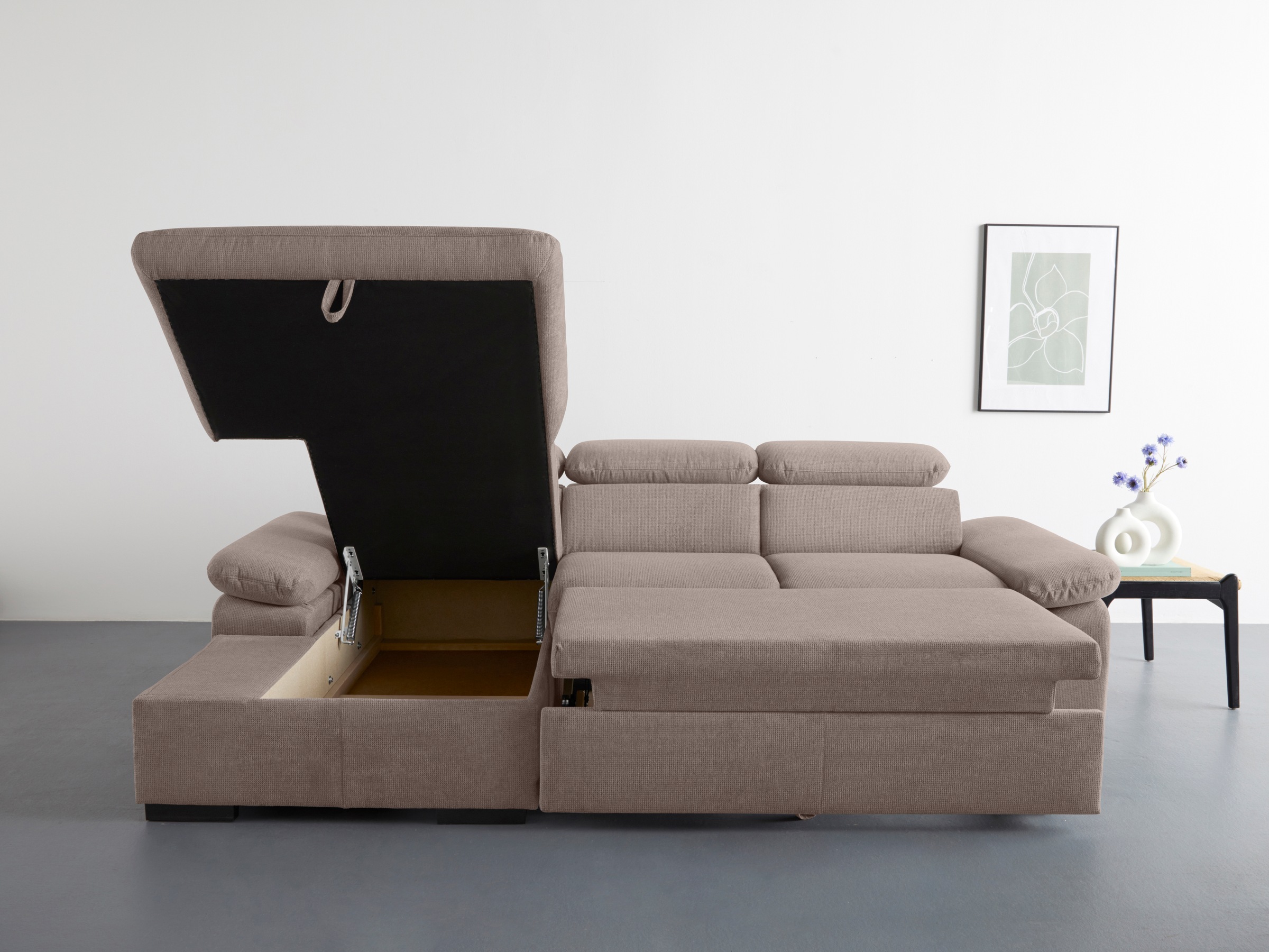 COTTA Ecksofa »Lola L-Form mit Kopfteilfunktion & Hocker«, (Set, mit Hocker), wahlweise mit Bettfunktion, Bettkasten & Armteilverstellung