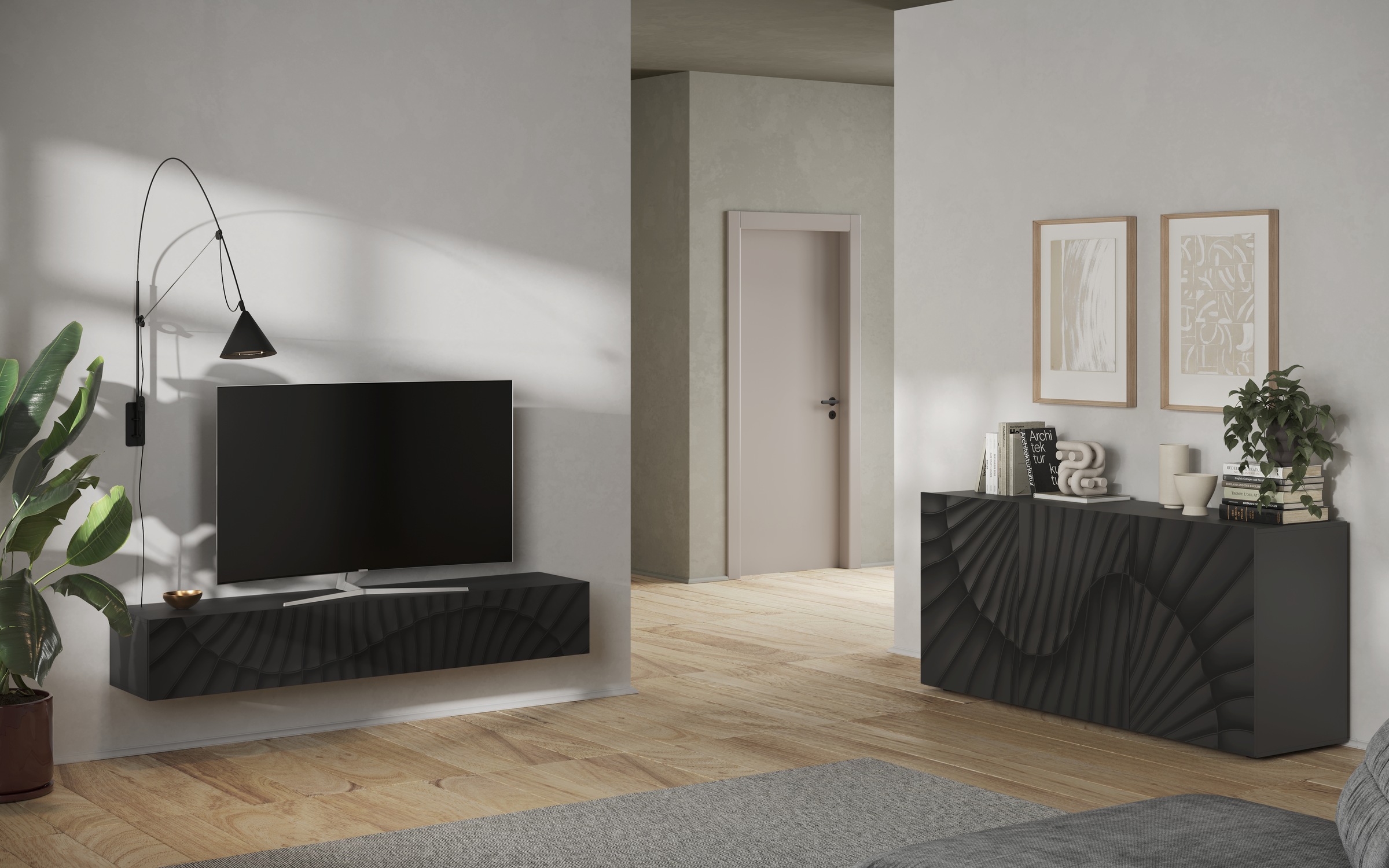 INOSIGN Lowboard »Snake Breite 180 cm, modernes TV-Board hängend mit 1 Klappe,«, TV-Möbel, TV-Schrank, Front mit Siebdruck
