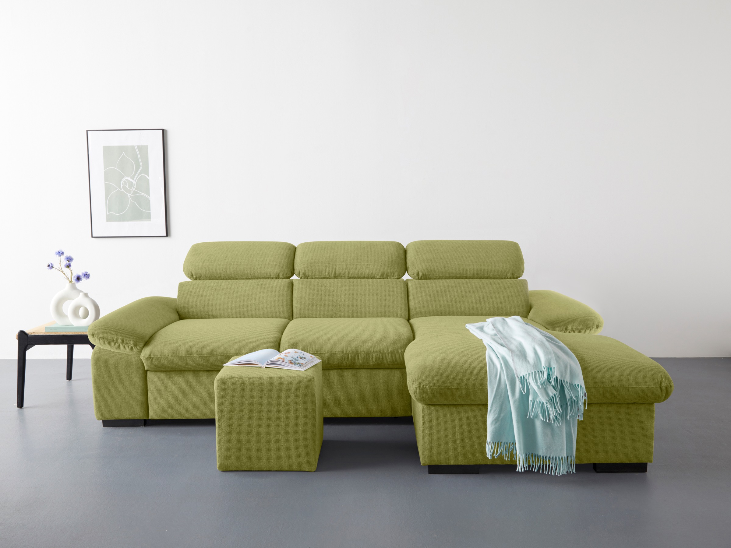 COTTA Ecksofa »Lola L-Form mit Kopfteilfunktion & Hocker«, (Set, mit Hocker), wahlweise mit Bettfunktion, Bettkasten & Armteilverstellung