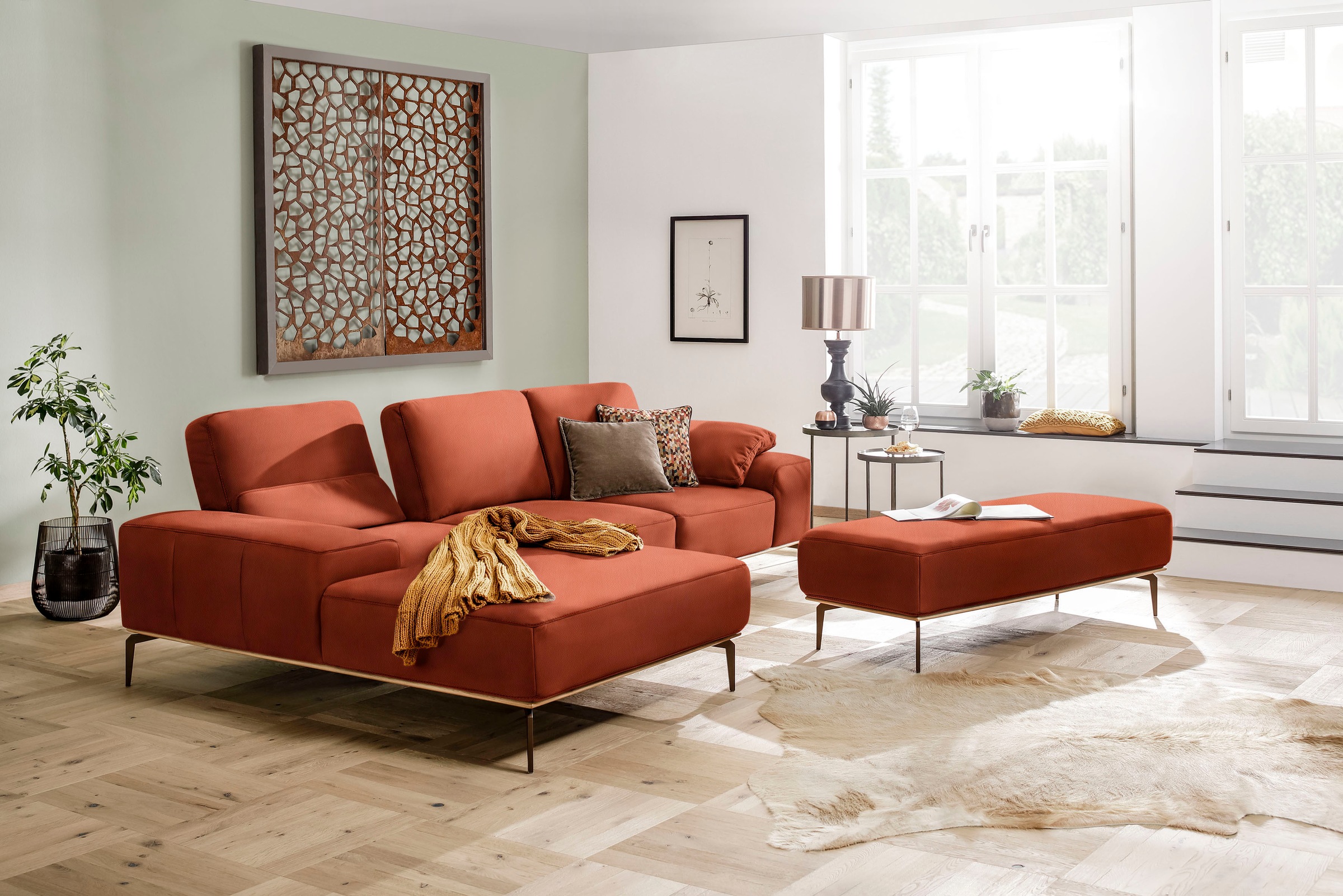 W.SCHILLIG Ecksofa »run, Designsofa mit tollem Sitzkomfort, L-Form«, mit Holzsockel, Füße in Bronze pulverbeschichtet, Breite 299 cm