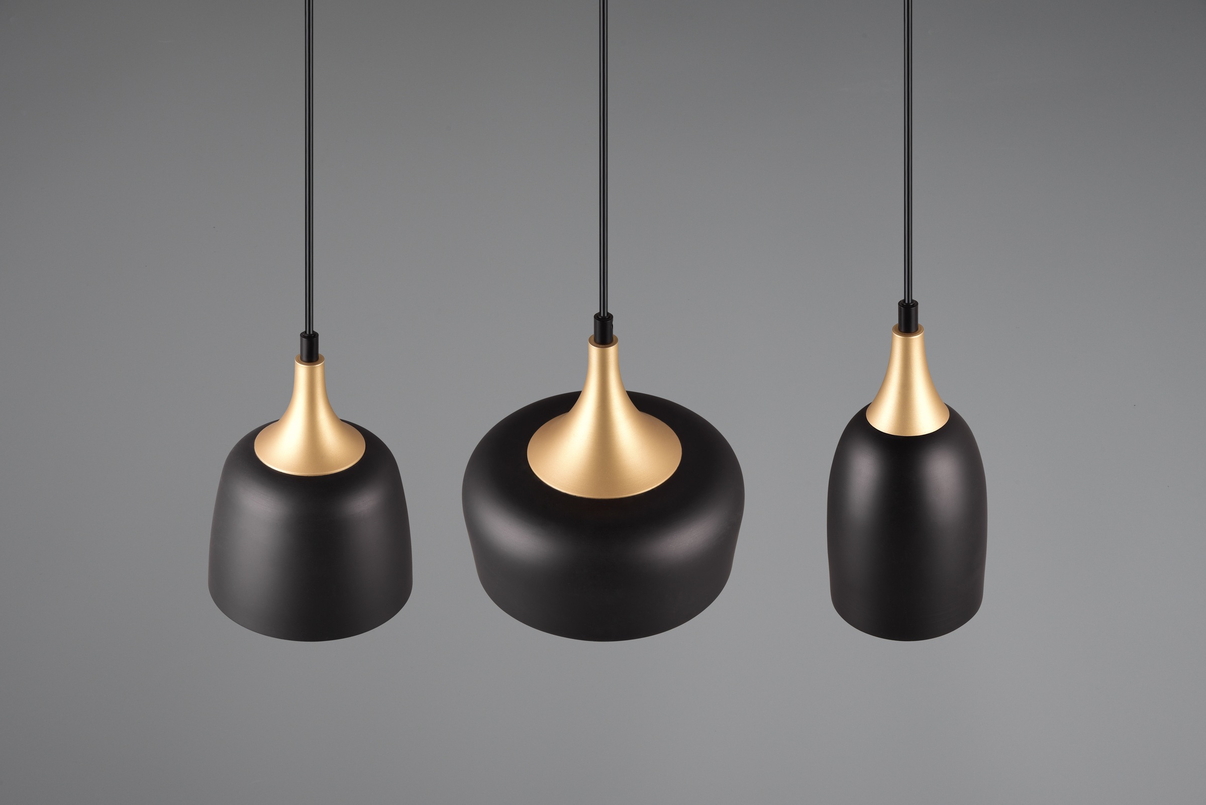 TRIO Leuchten Pendelleuchte »CHIRAZ, Hängeleuchte 3-flammig schwarz messing gold max 150cm Höhe«, 3 flammig, Leuchtmittel E14 | Leuchtmittel wechselbar, Hängelampe exkl 3x E14 max 25W, Industrie Loft Stil 3 Schirmformen