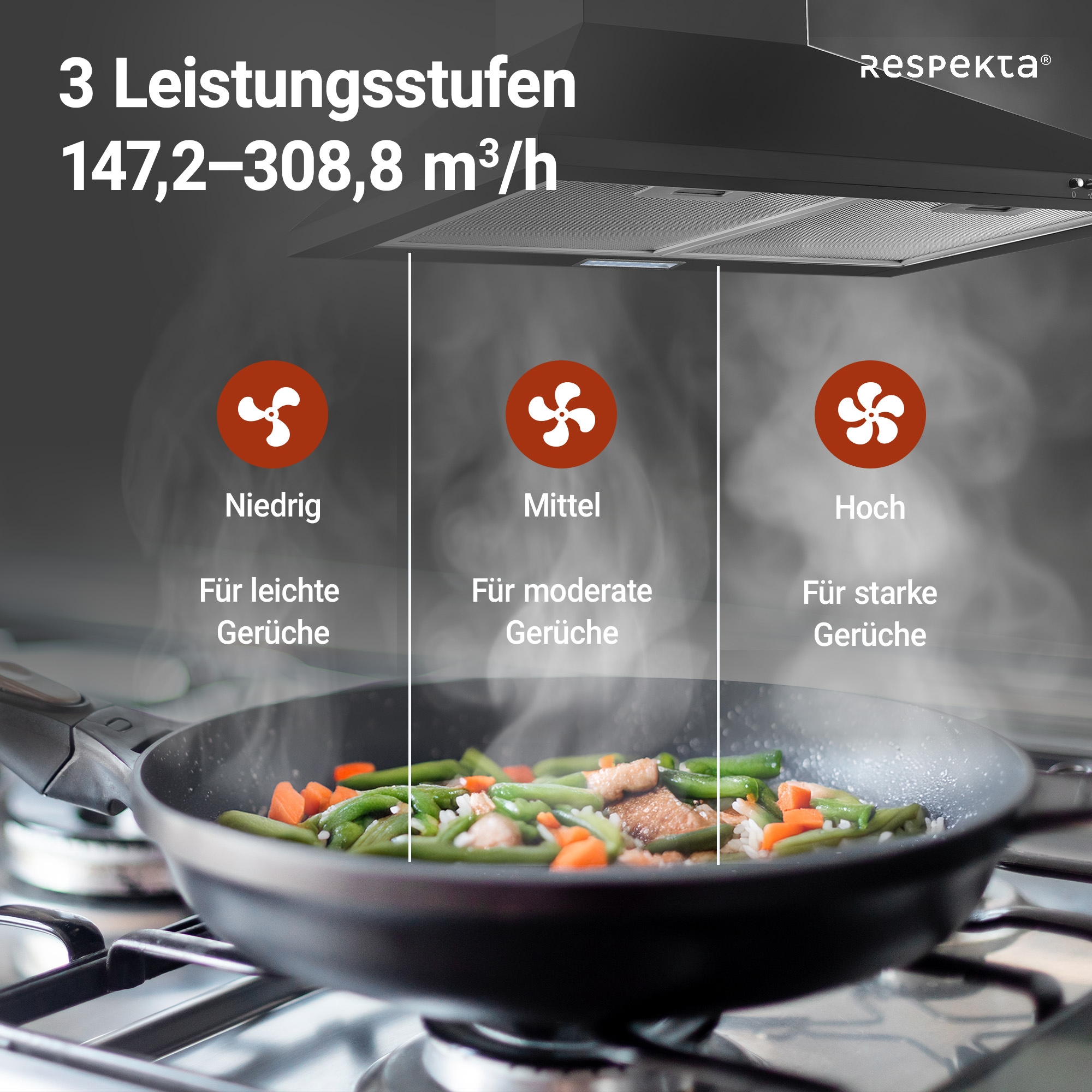 RESPEKTA Kaminhaube »CH 22055 SA« 60 cm, 3 Leistungsstufen, LED-Beleuchtung, Ab- und Umluftfähig