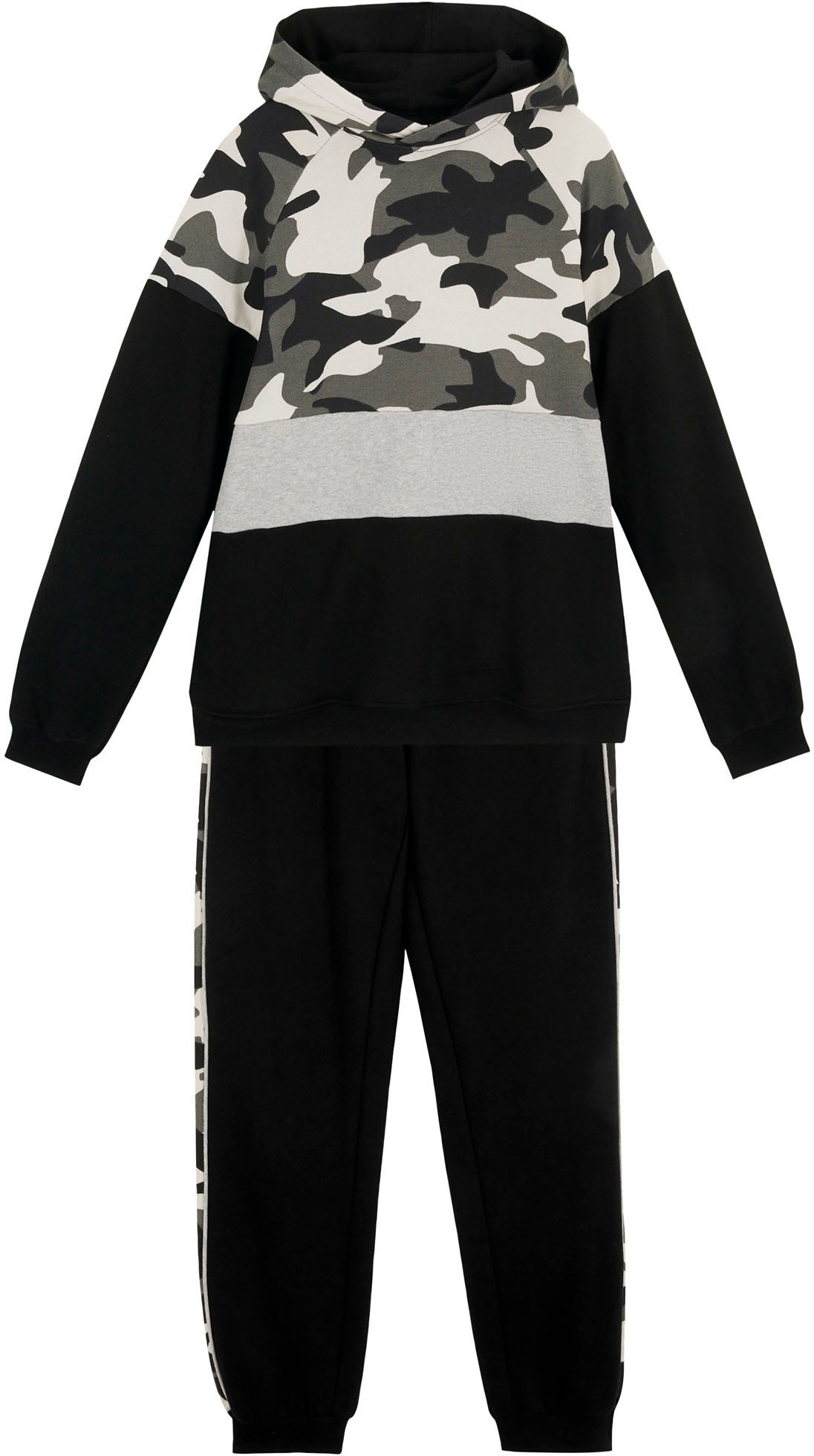 bonprix Langarmshirt & Hose »Sweatshirt & Jogginghose« Set, 2 mit Tarn-Print, Colorblocking-Einsätzen und mit bequemen Rippbündchen