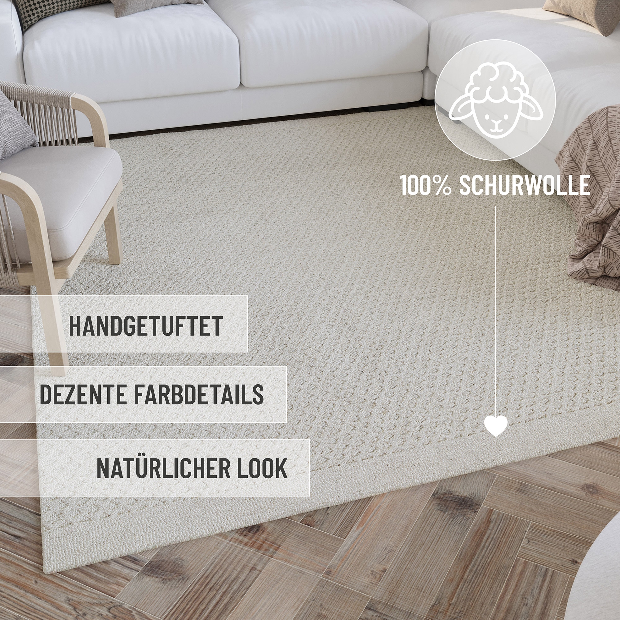 Wecon home Wollteppich »Hamptons THIRTYEIGHT«, rechteckig, 11 mm Höhe, Läufer, Schurwolle, Kurzflor, Wohn- & Schlafzimmer, elegant, Waben