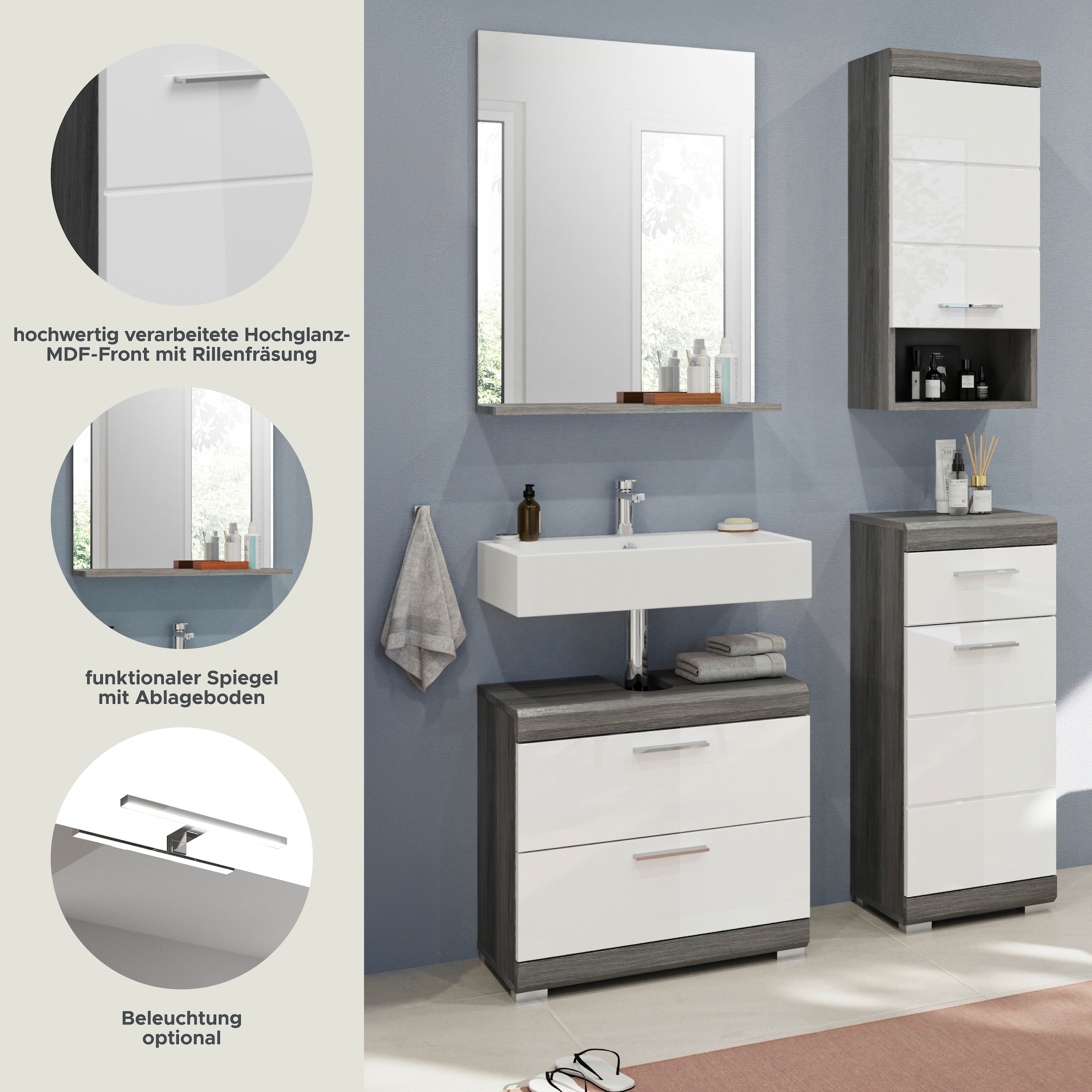 INOSIGN Badmöbel-Set »Siena, 4 teilig, bestehend aus:«, (Set, 3 St., TOPSELLER!), Waschbeckenunterschrank, Spiegel, Unterschrank, Hängeschrank