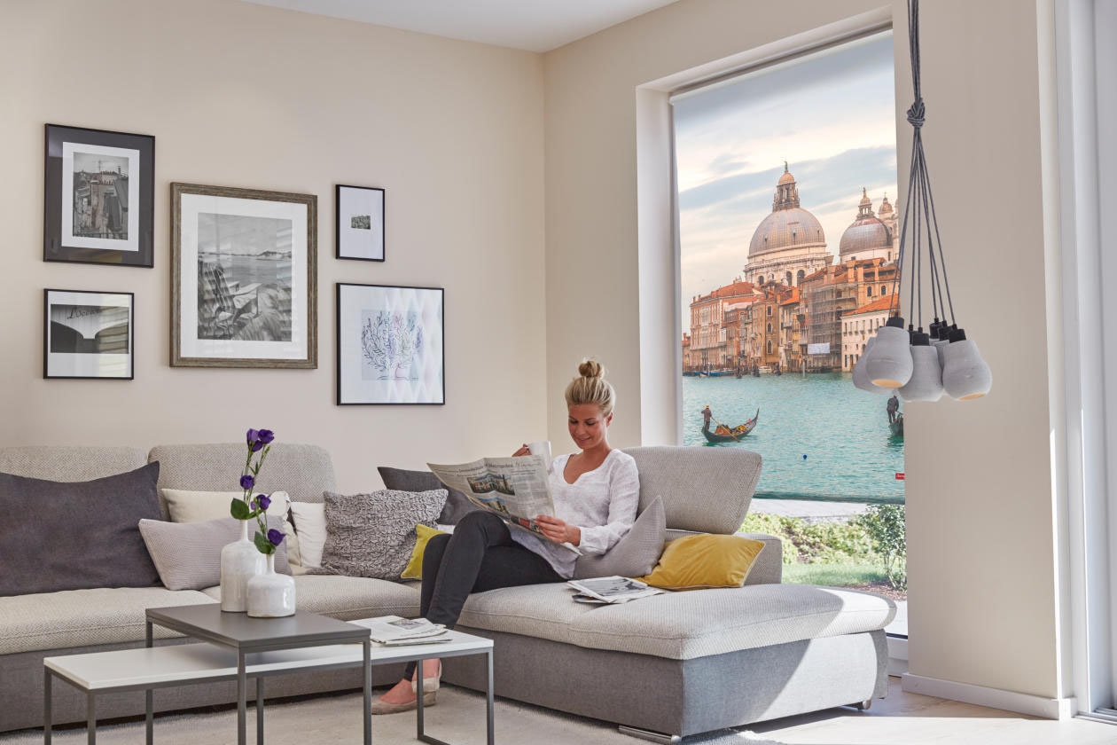 LICHTBLICK ORIGINAL Seitenzugrollo »Rollo Klemmfix, ohne Bohren, Verdunkelung, Venedig Canal Grande - Blau«, verdunkelnd, Verdunkelung-energiesparend, freihängend