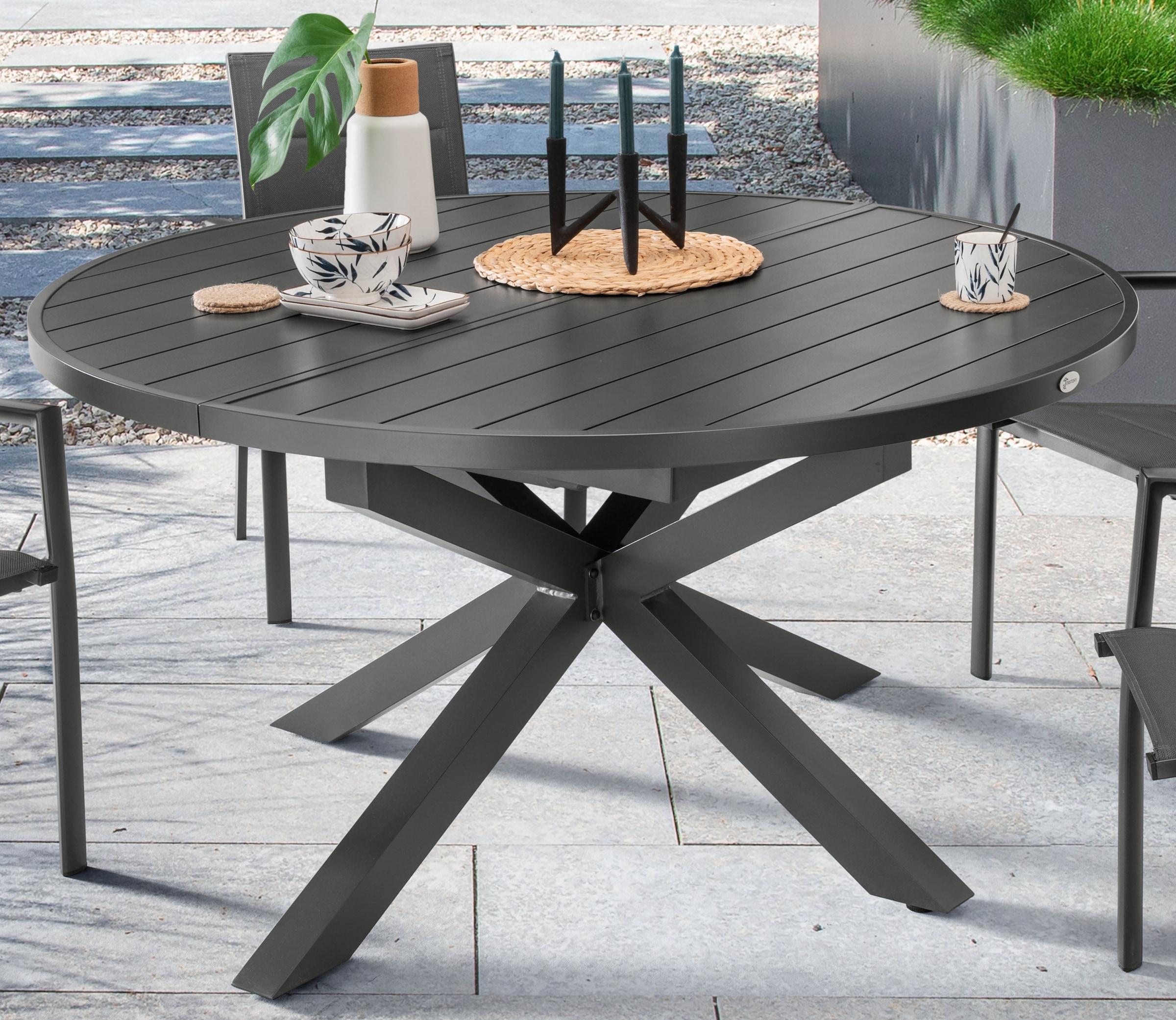 Destiny Garten-Essgruppe »COSTA ARONA«, (Set, 5 tlg., 1 Ausziehtisch, 4 Stapelsessel), (Set, 9-tlg., 4 Sessel, 1 Tisch ausziehbar Ø 120/170x75cm) Aluminium