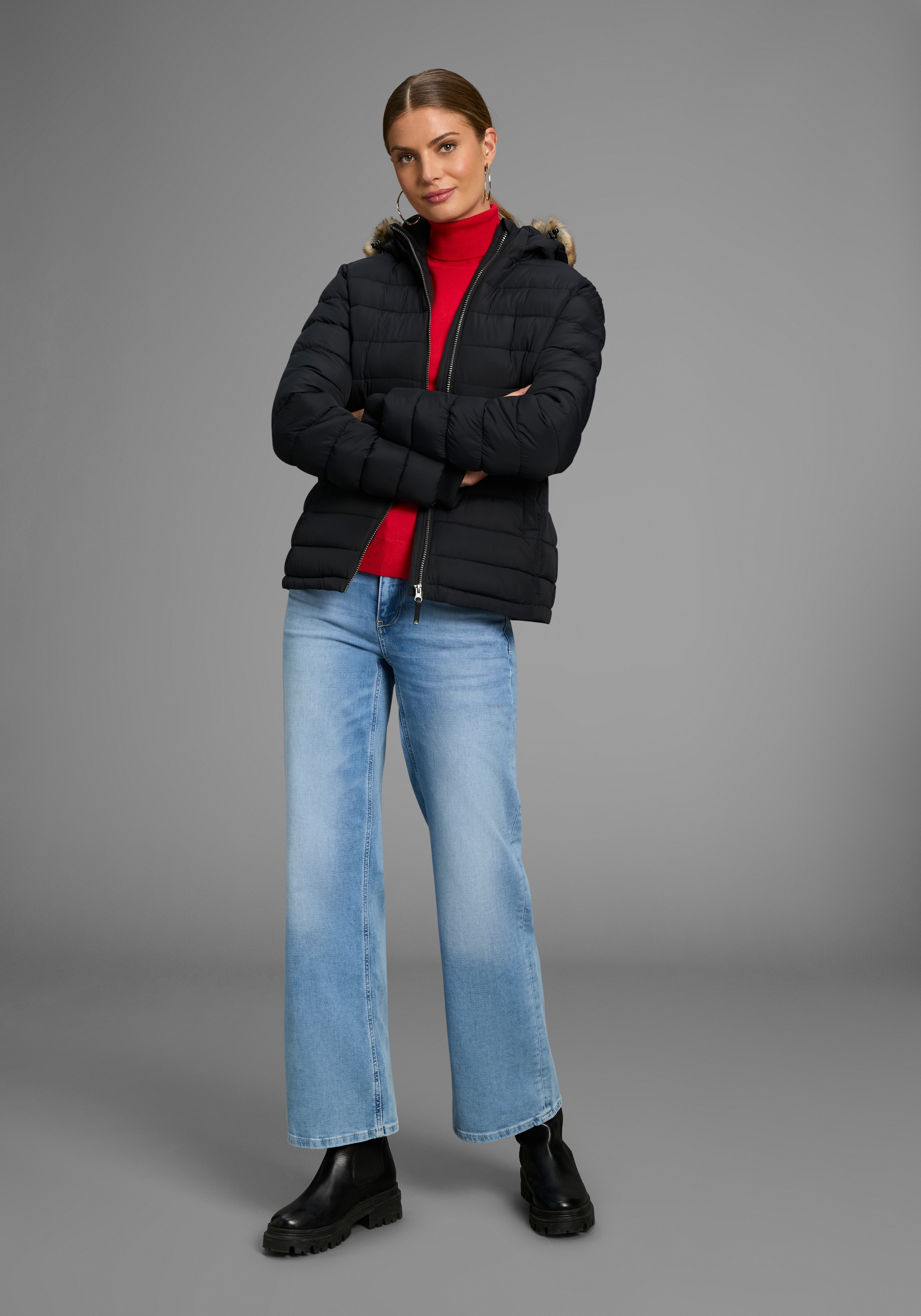 Polarino Steppjacke mit Kapuze Kapuze mit Fellimitat zum Abnehmen