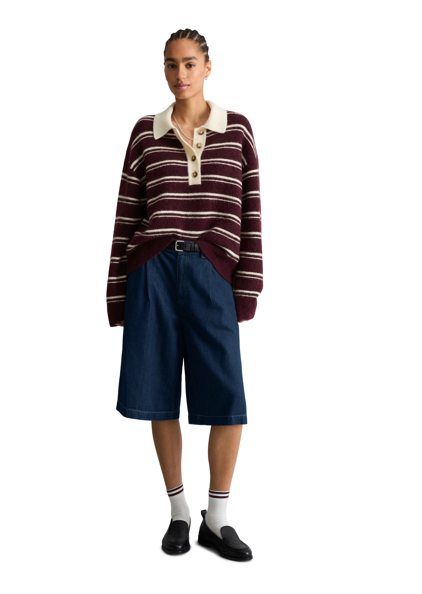 Marc O'Polo DENIM Polokragenpullover Gestreiftes Strickpolo oversize aus kuscheligem Alpakawolle-Mix