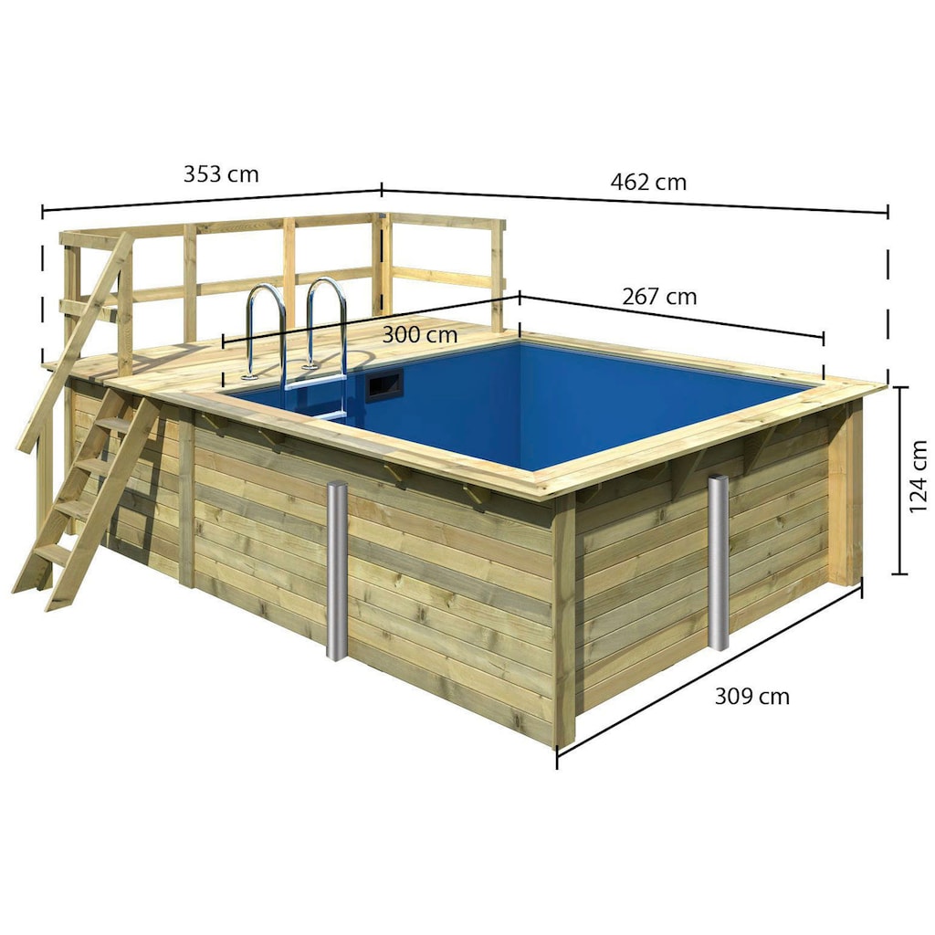 Karibu Rechteckpool »Holzpool Milano A«, BxLxH: 353x320x124 cm, kesseldruckimprägniert mit Sonnenterasse