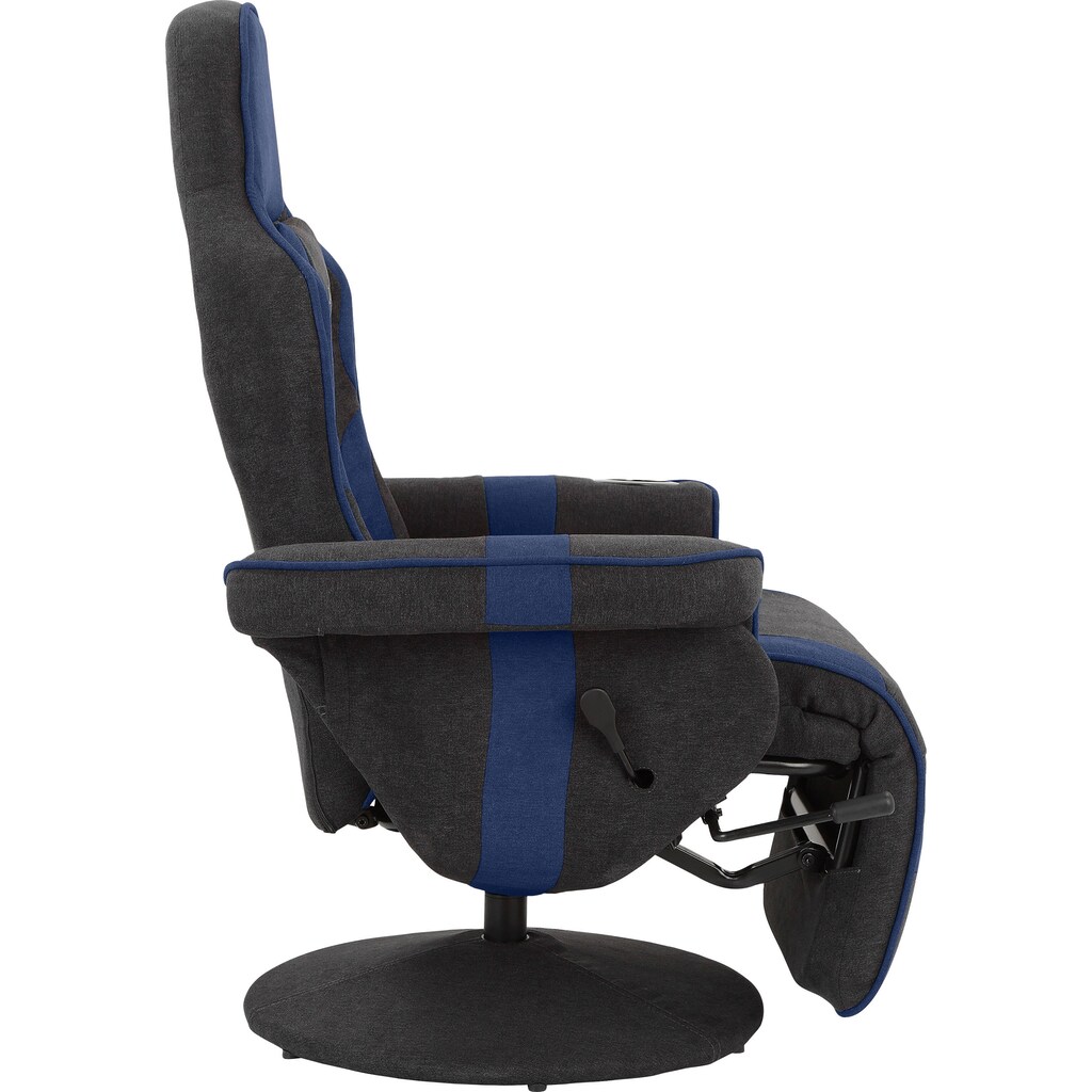 INOSIGN Relaxsessel »Liljana«, im Gaming Chair Design, mit mechanischer Relaxfunktion, integrierte Fußstütze, Getränkehalter in der rechten Armlehne, Drehfunktion, 1 Kissen zur Kopfstütze, schwarzes Metallgestell, gepolstert, Sitzhöhe 47 cm