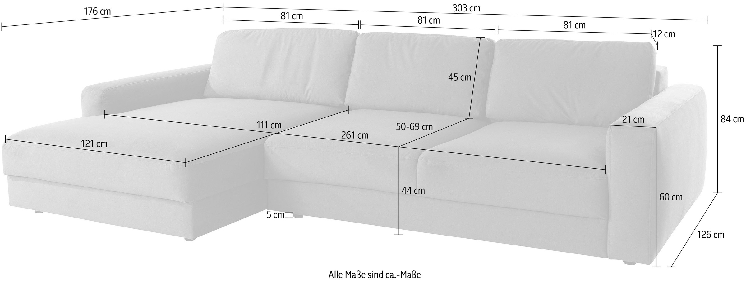 Places of Style Ecksofa »Bloomfield, elegant, viel Platz, Mega Couch, Breite 303cm, L-Form«, extra tiefe Sitzfläche, wahlweise mit Sitztiefenverstellung