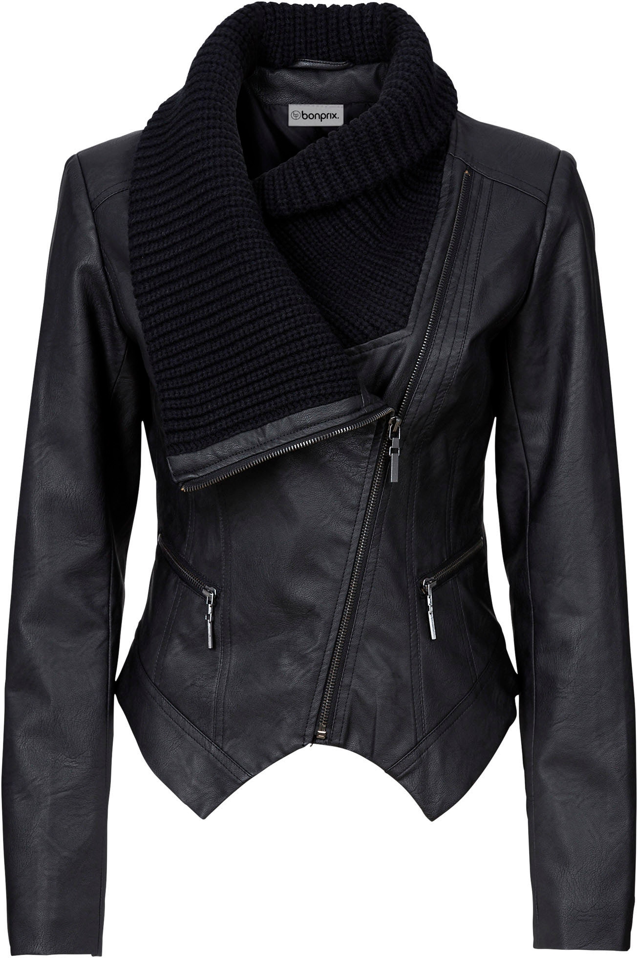 bonprix Lederimitatjacke ohne Kapuze taillierte Passform, asymmetrischer Schalkragen, unifarbene Optik