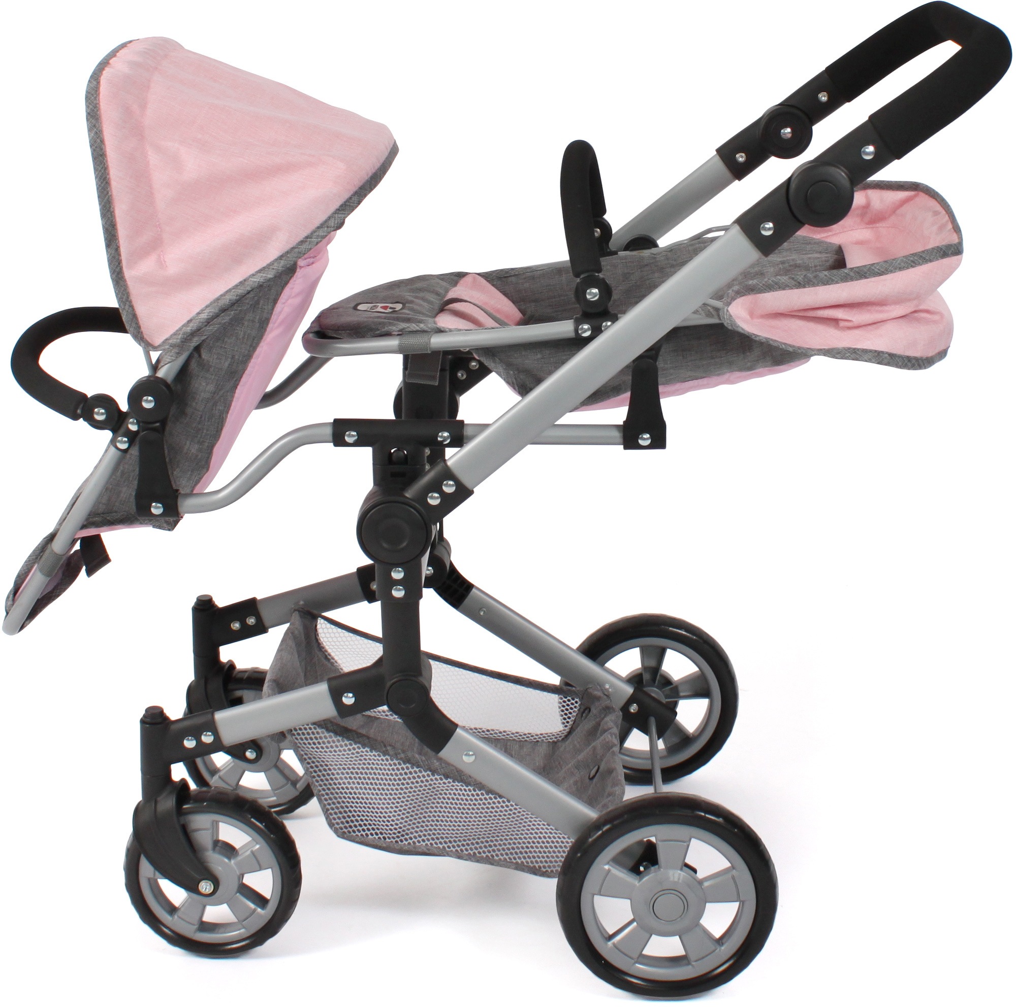 CHIC2000 Puppen-Zwillingsbuggy »Linus Duo, Grau-Rosa«, mit zwei abnehmbaren, bis in Liegeposition verstellbaren Sportsitzen