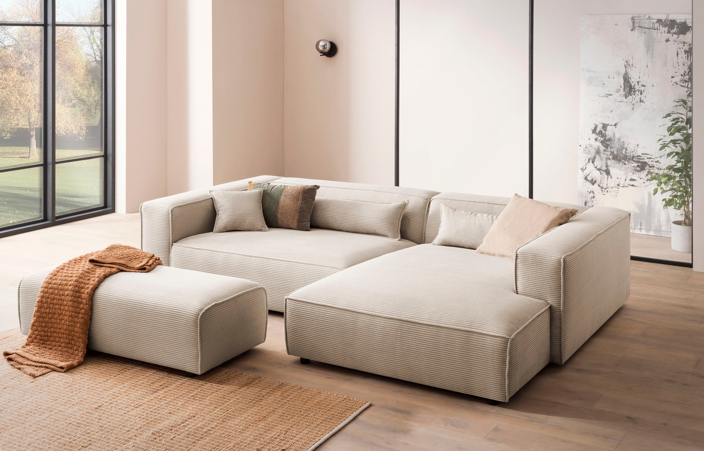 LeGer Home by Lena Gercke Hocker »PIARA, Polsterhocker mit Kedernaht in Cord oder Leinenoptik«, zur Serie PIARA, rechteckig, schwarze Füße, bequemer Sitzkomfort