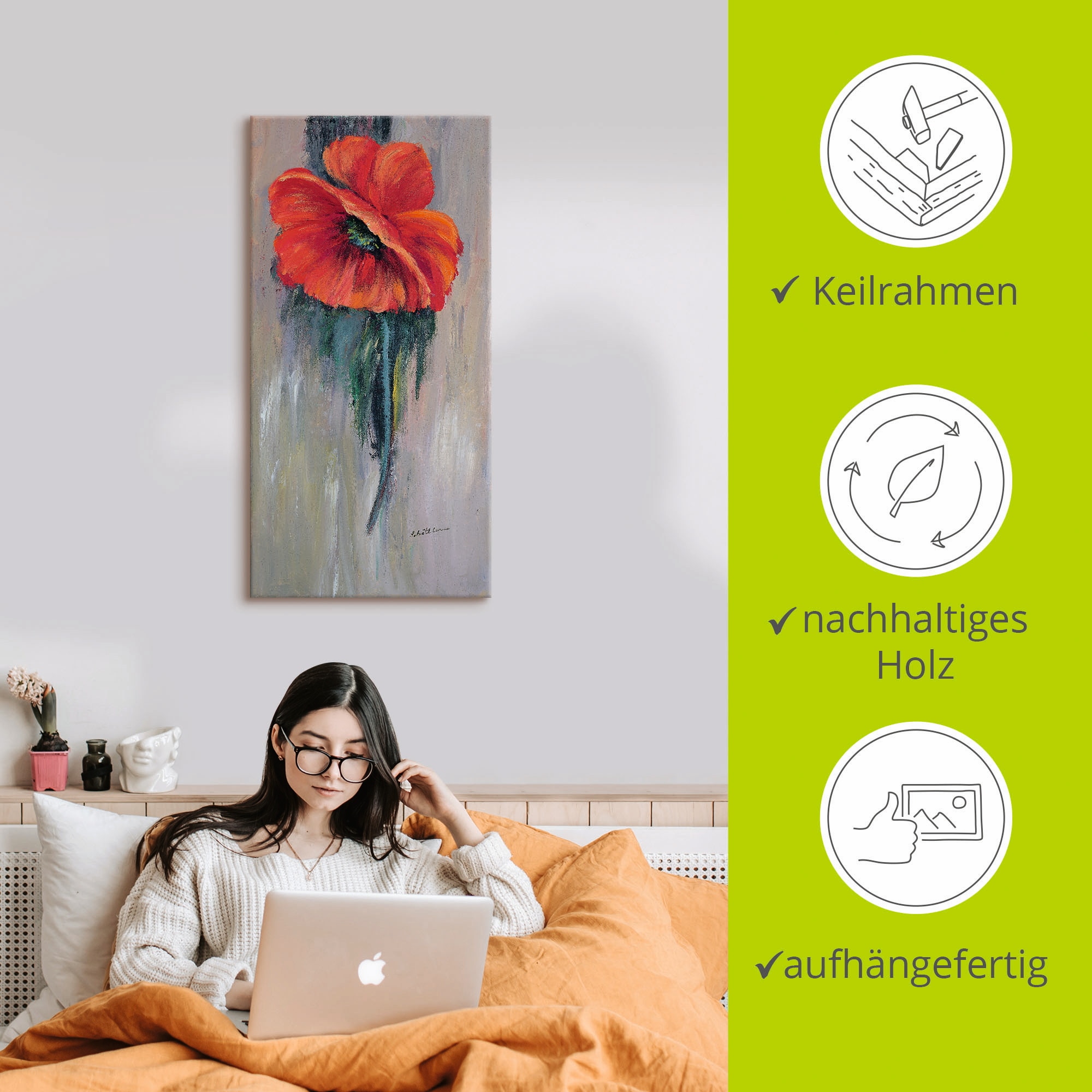 Artland Leinwandbild »Roter Mohn III« Blumen 1 Stk. tlg. auf Holzrahmen gespannt