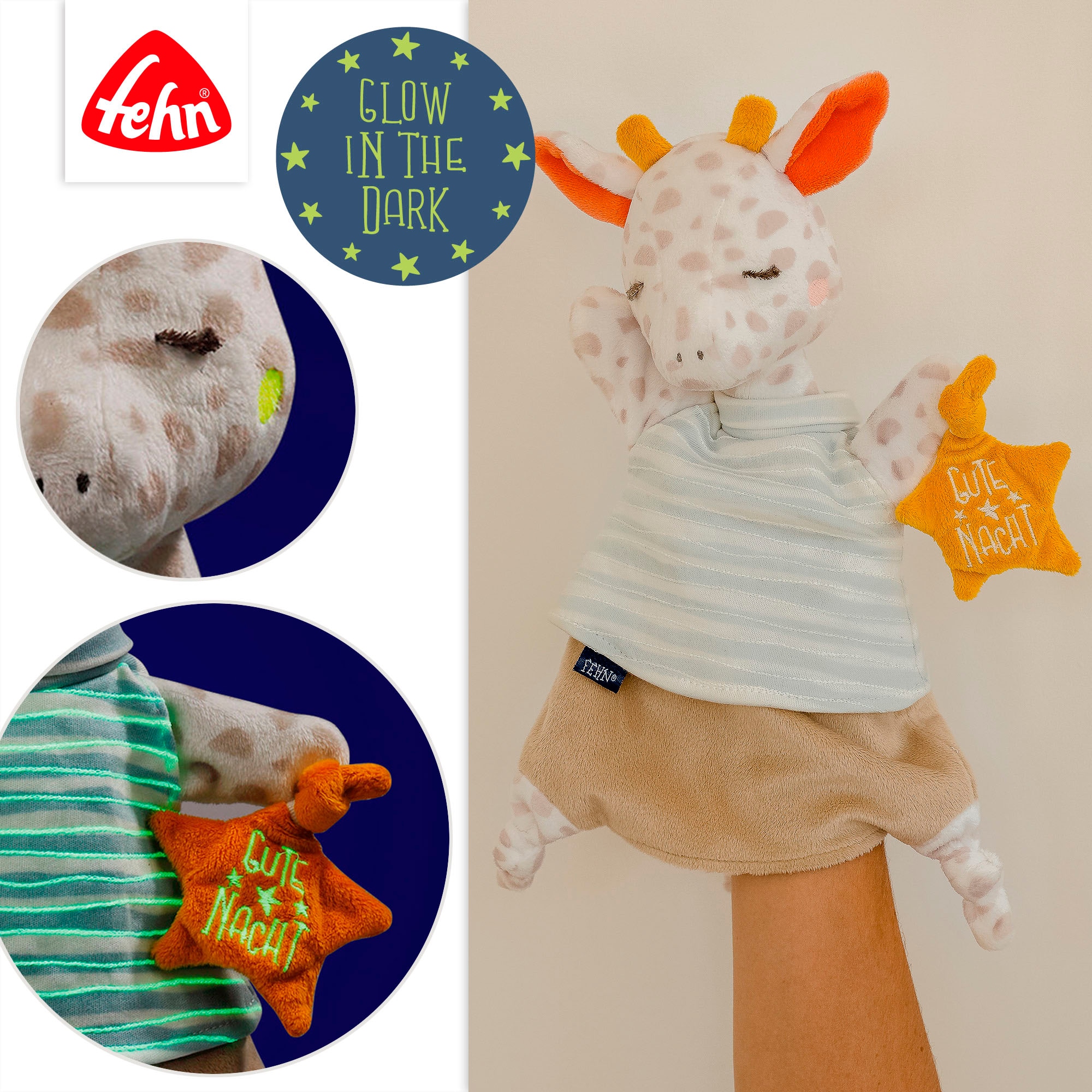 Fehn Handpuppe »Gute Nacht, Giraffe«, mit Glow-in-the-dark-Bestickung