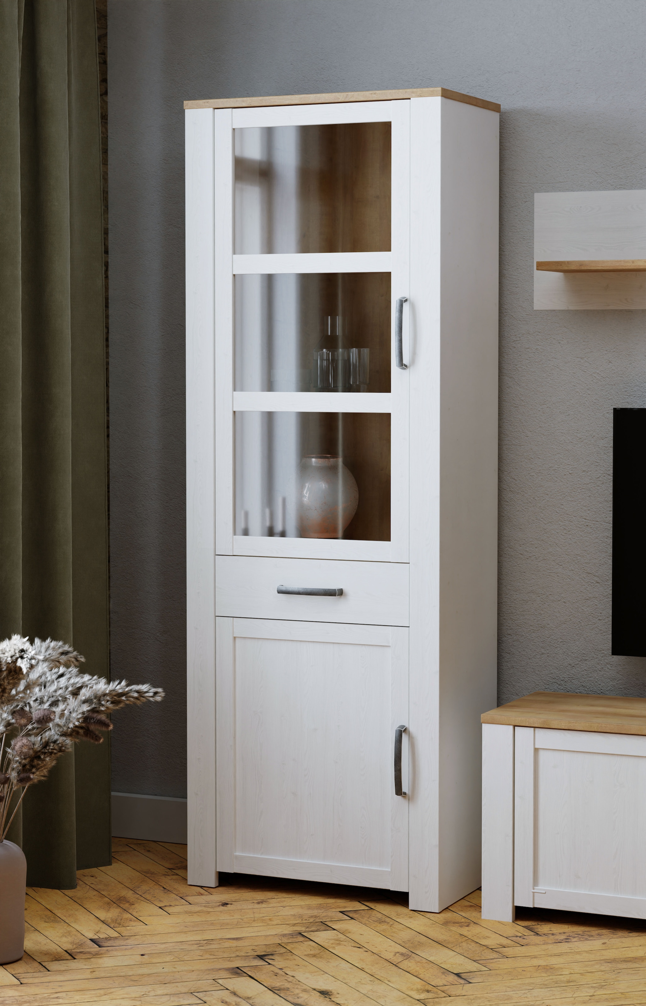FORTE Highboard »Bohol, Vitrine, 1 Glastüre,1 SK, 1 Türe« B/H/T 71,7/205,4/42 cm Beleuchtung optional bestellbar
