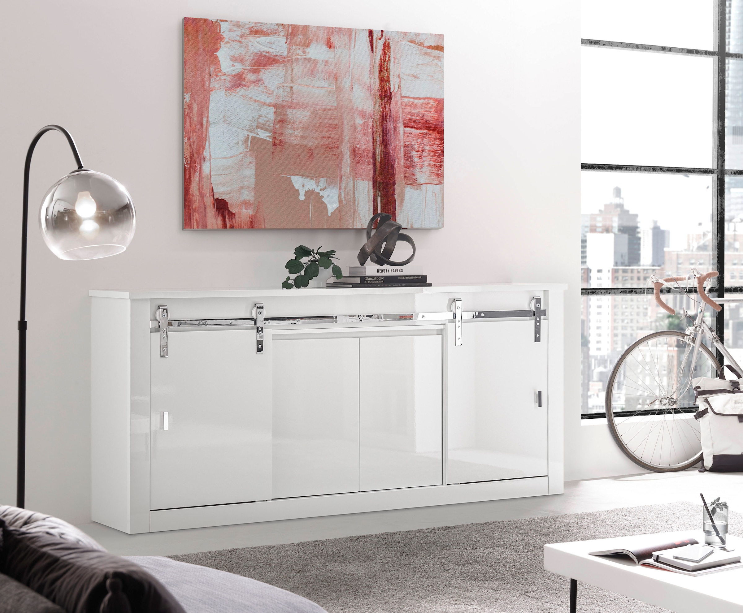 Home affaire Sideboard »Daytona, moderner Schrank, zeitlose Kommode, 201 cm breit« mit Schiebetürenbeschlag in Chrom-Optik, ausreichend Stauraum