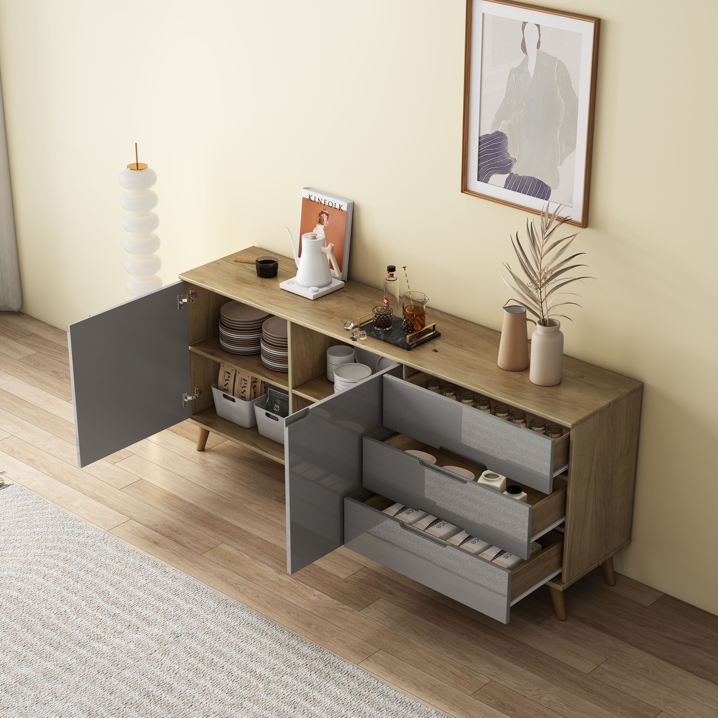 OTTO home Sideboard »Lund« mit glänzenden Fronten, Griffmulden, helles Holzdekor, Breite 180 cm