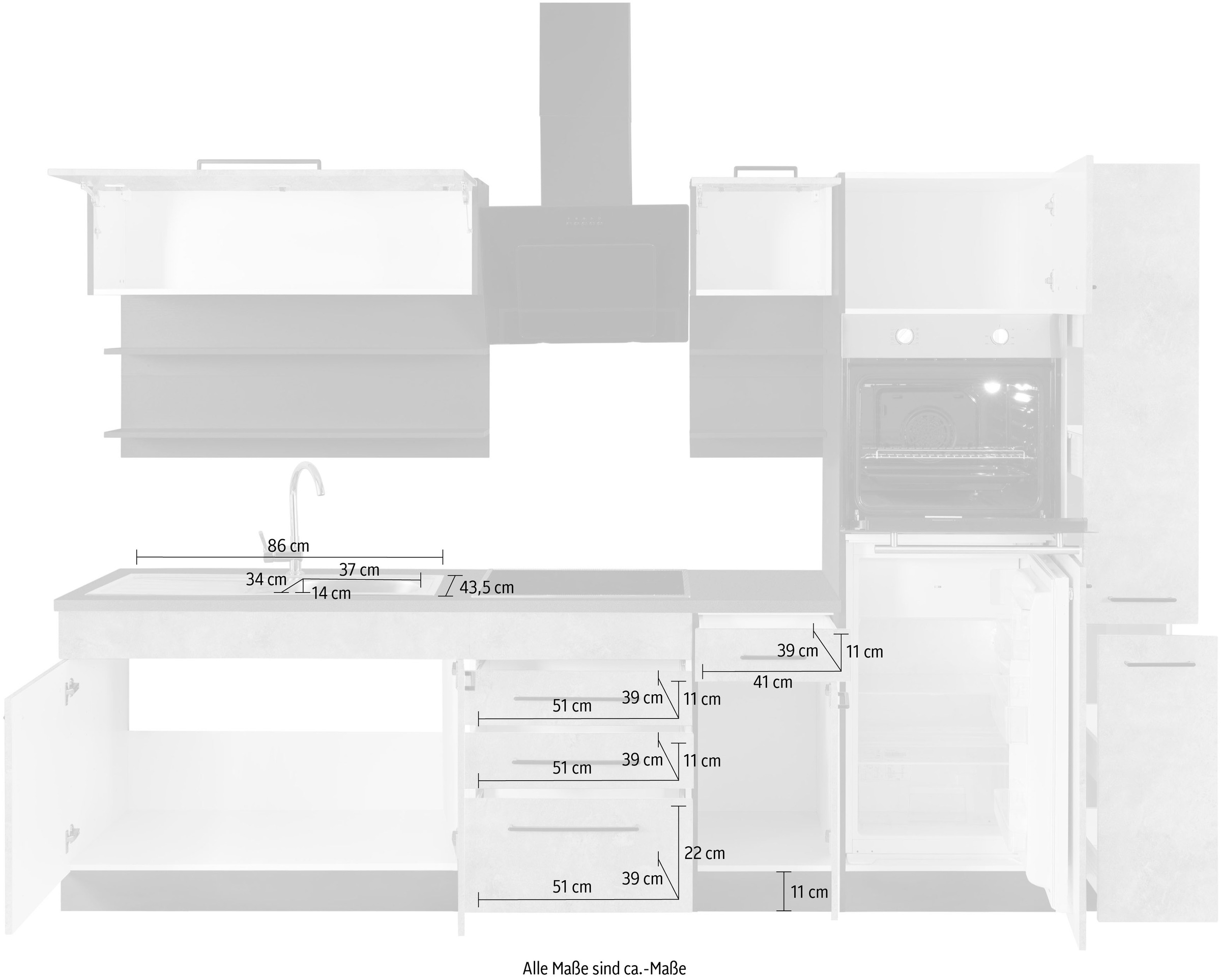 KOCHSTATION Küchenzeile »KS-Tulsa«, ohne E-Geräte, Breite 300 cm, schwarze Metallgriffe, MDF Fronten