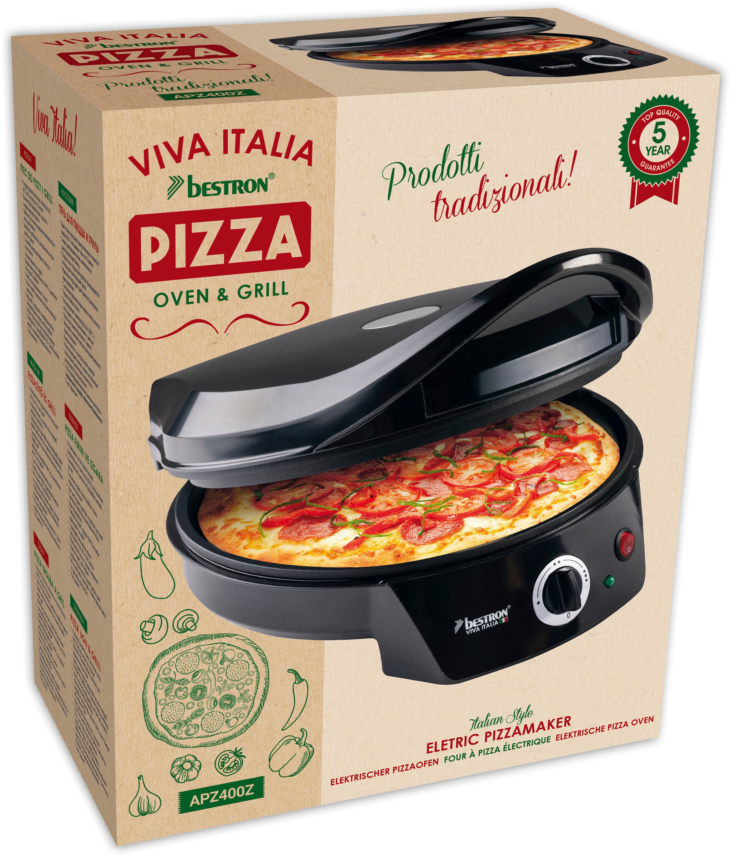 bestron Pizzaofen »APZ400Z Viva Jahren 3 bis Temperatureinstellung Garantie XXL Italia«, 230°C mit