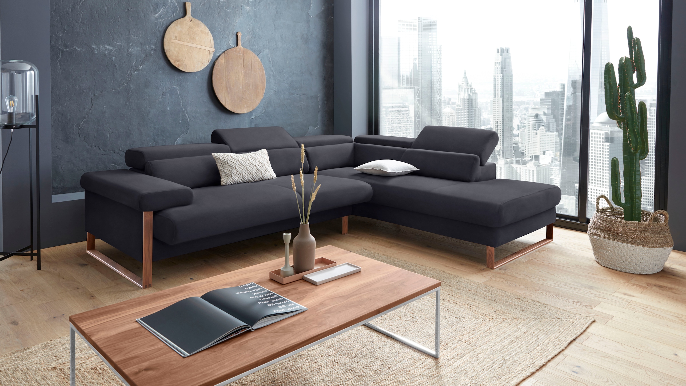 W.SCHILLIG Ecksofa »finn, Designsofa mit tollem Sitzkomfort, bequem, L-Form«, German Design Award 2016, Fußgestell Nussbaum natur, Breite 281 cm