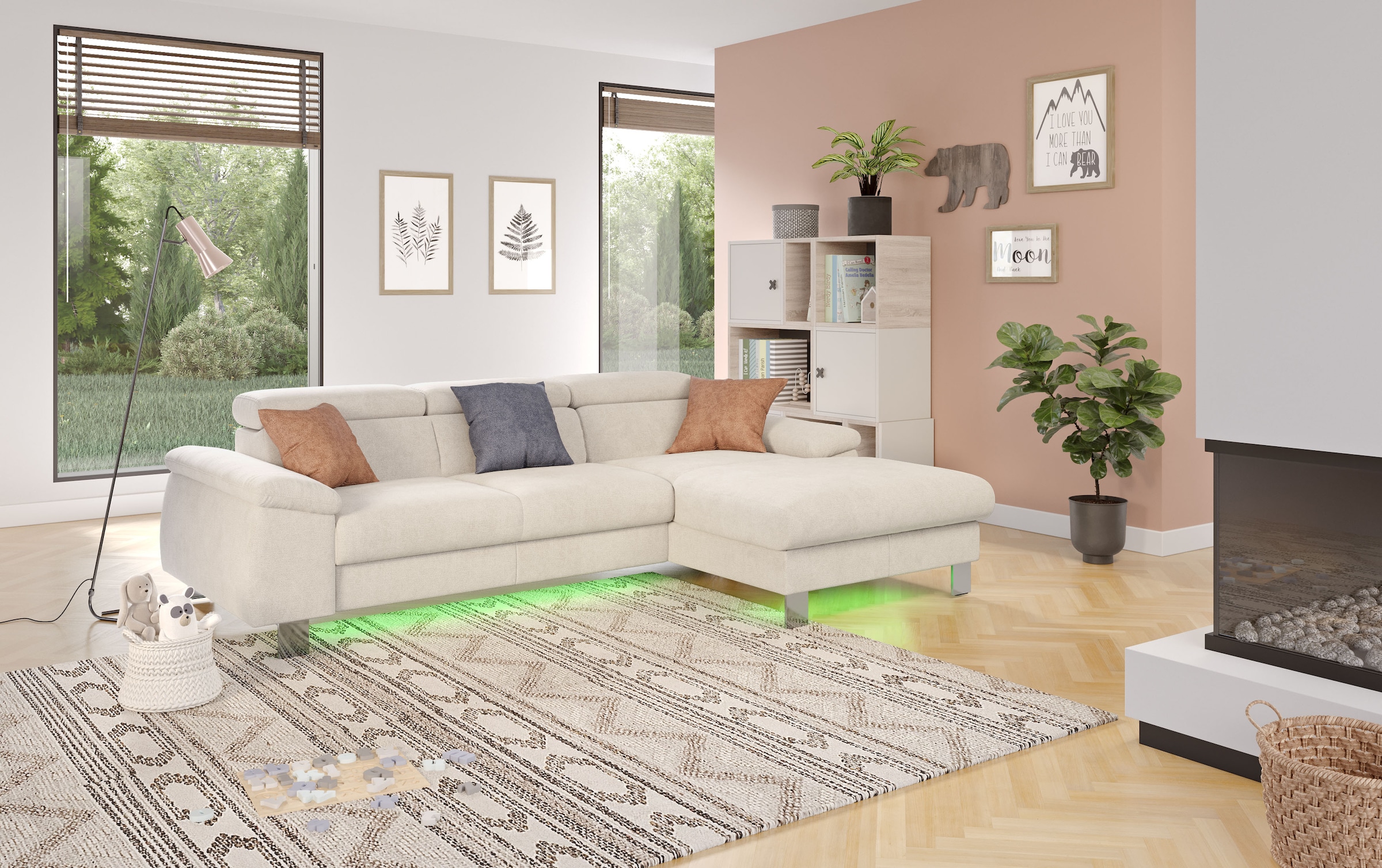 COTTA Ecksofa Komaris, Ecksofa, wahlweise mit RGB-LED-Beleuchtung und Bettfunktion/Bettkasten
