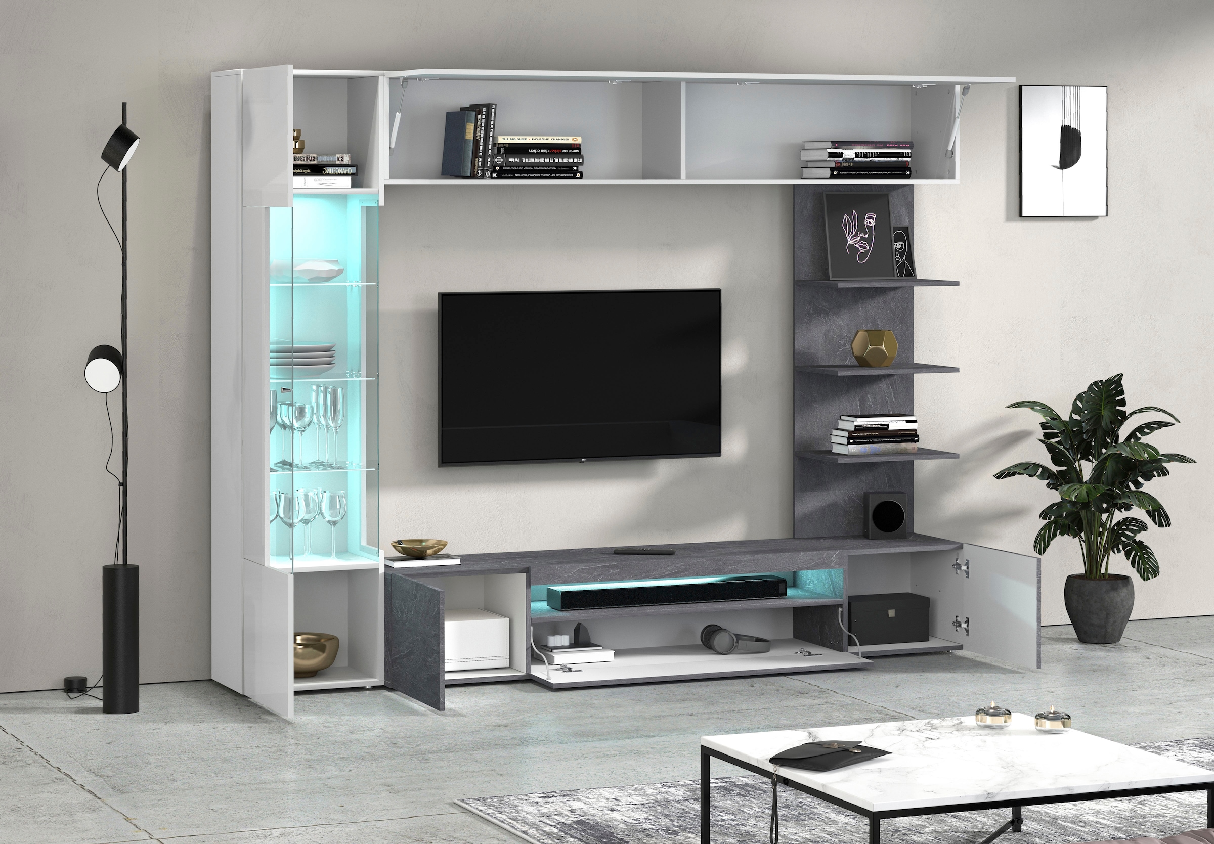 OTTO home Wohnwand »Wohnwand New Egypt, Anbauwand, Medienwand, Wohnzimmerwand« Weiß in Hochglanz, alle anderen Farben in matter Ausführung., 4 Stk. tlg.