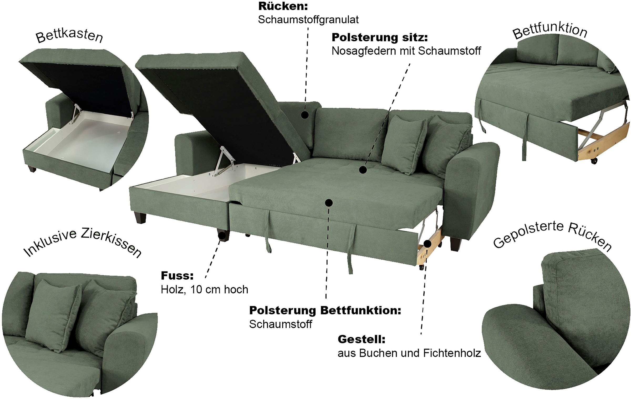 Trends by HG Ecksofa »Moritz L-Form, B: 265 cm« mit Bettfunktion, Bettkasten & Zierkissen