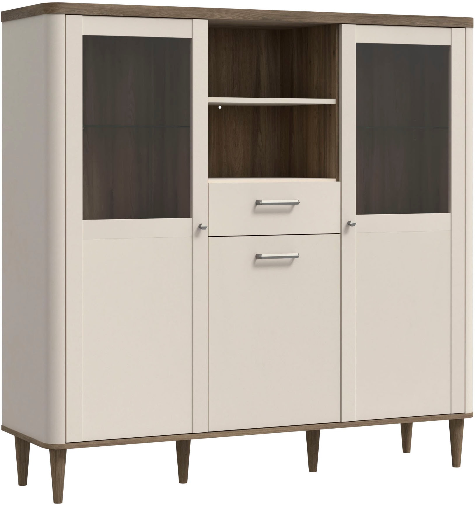 FORTE, Vitrine »Lacetti« B/H/T 144,8/142,9/41,2 cm, Echtholzfüße, Valencia Eiche / Kashmir Beige, Holzwerkstoff, Valencia Eiche/Kashmir Sand - B/H/T: 